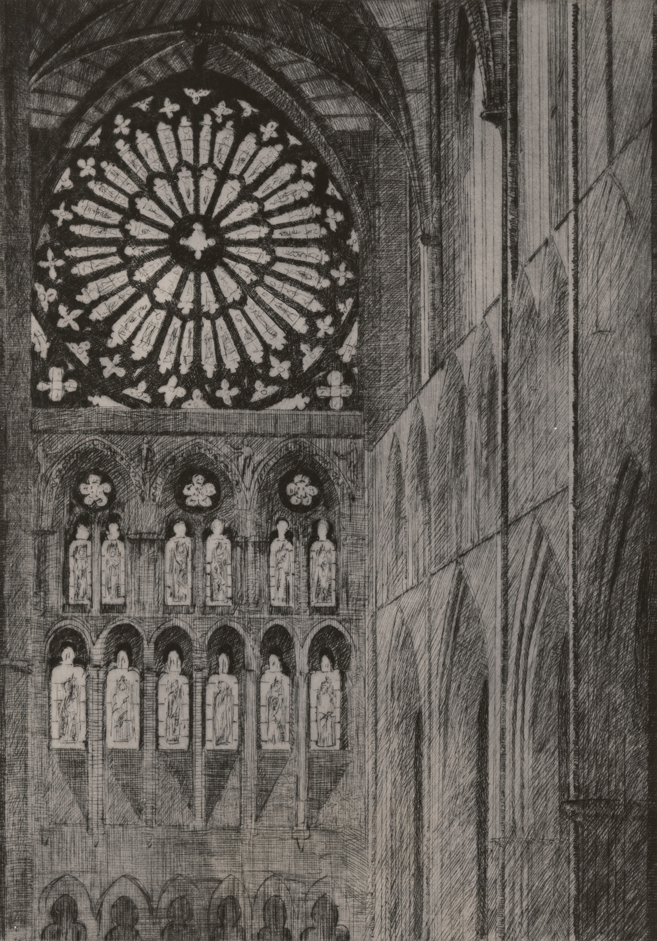 This drawing by Norman Wilkinson depicts the Westminster Abbey.