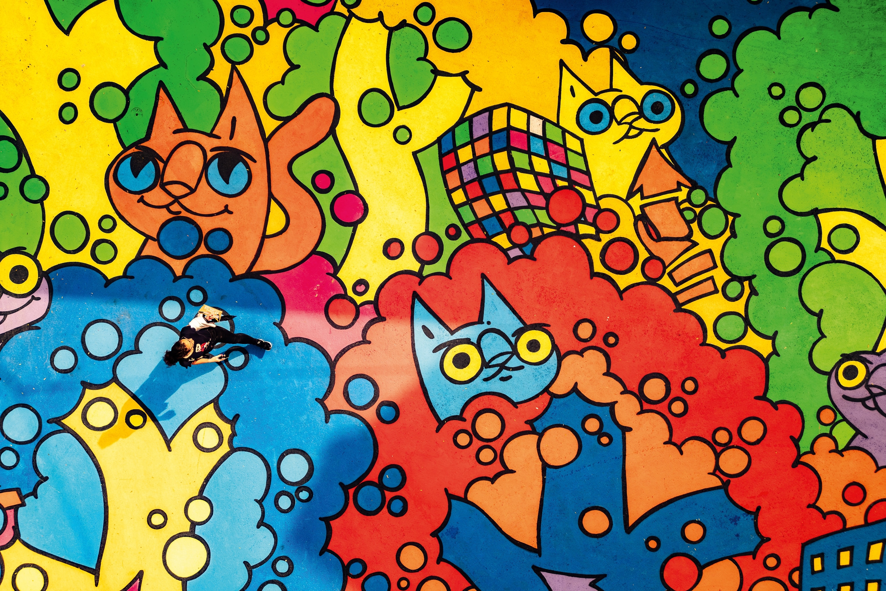 A bird's eye perspective of a pavement mural depicting cats in colourful clouds.