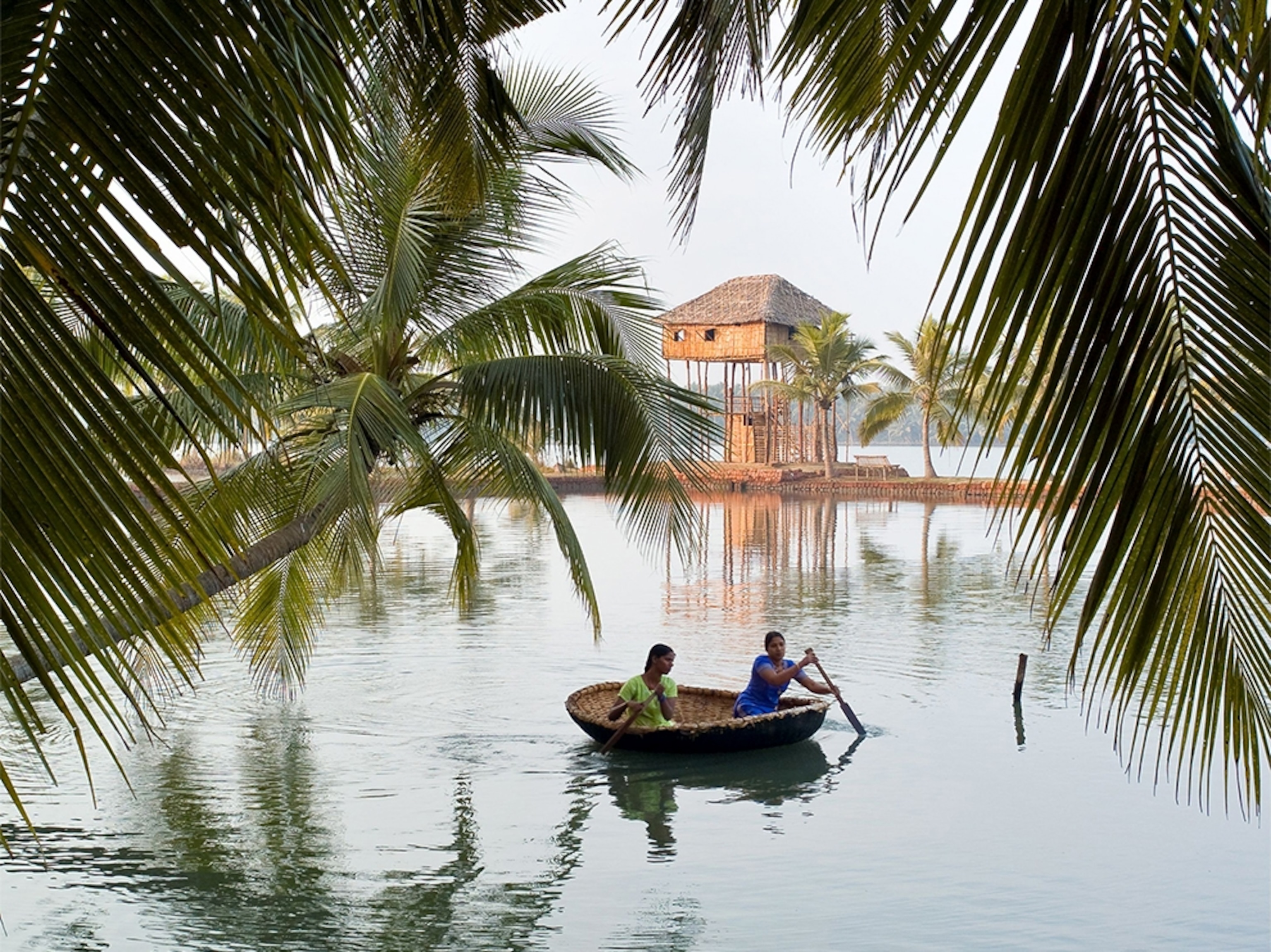 two women paddling a boat in Kerala, India