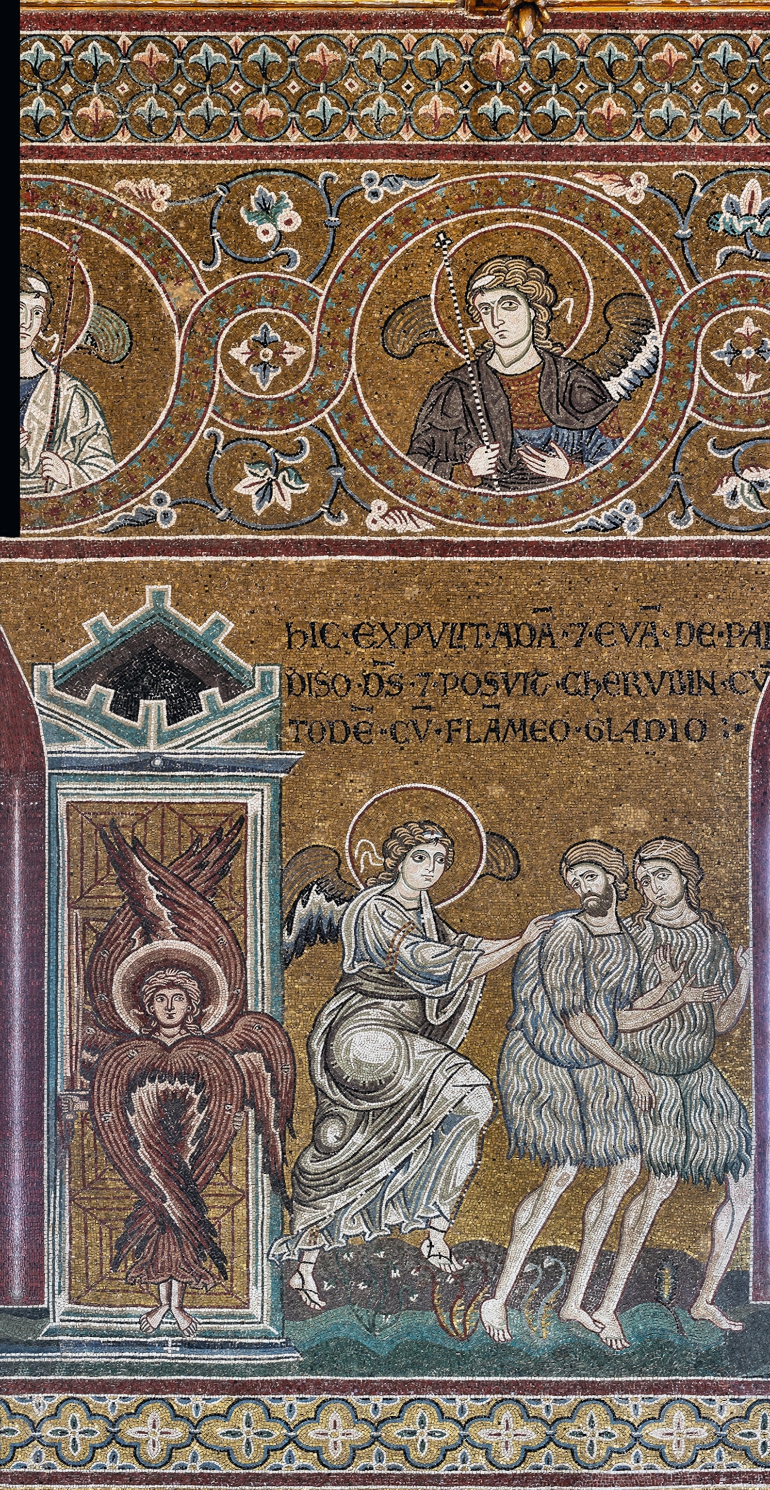 Adam and Eve, created by God, are pictured being expelled from the garden on His orders.