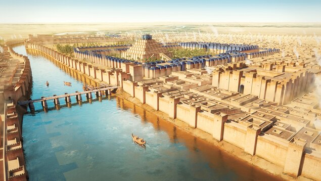 A reconstruction of Babylon, ca 550 B.C., showing the Marduk temple complex and the Etemenanki as seen from the Euphrates River.