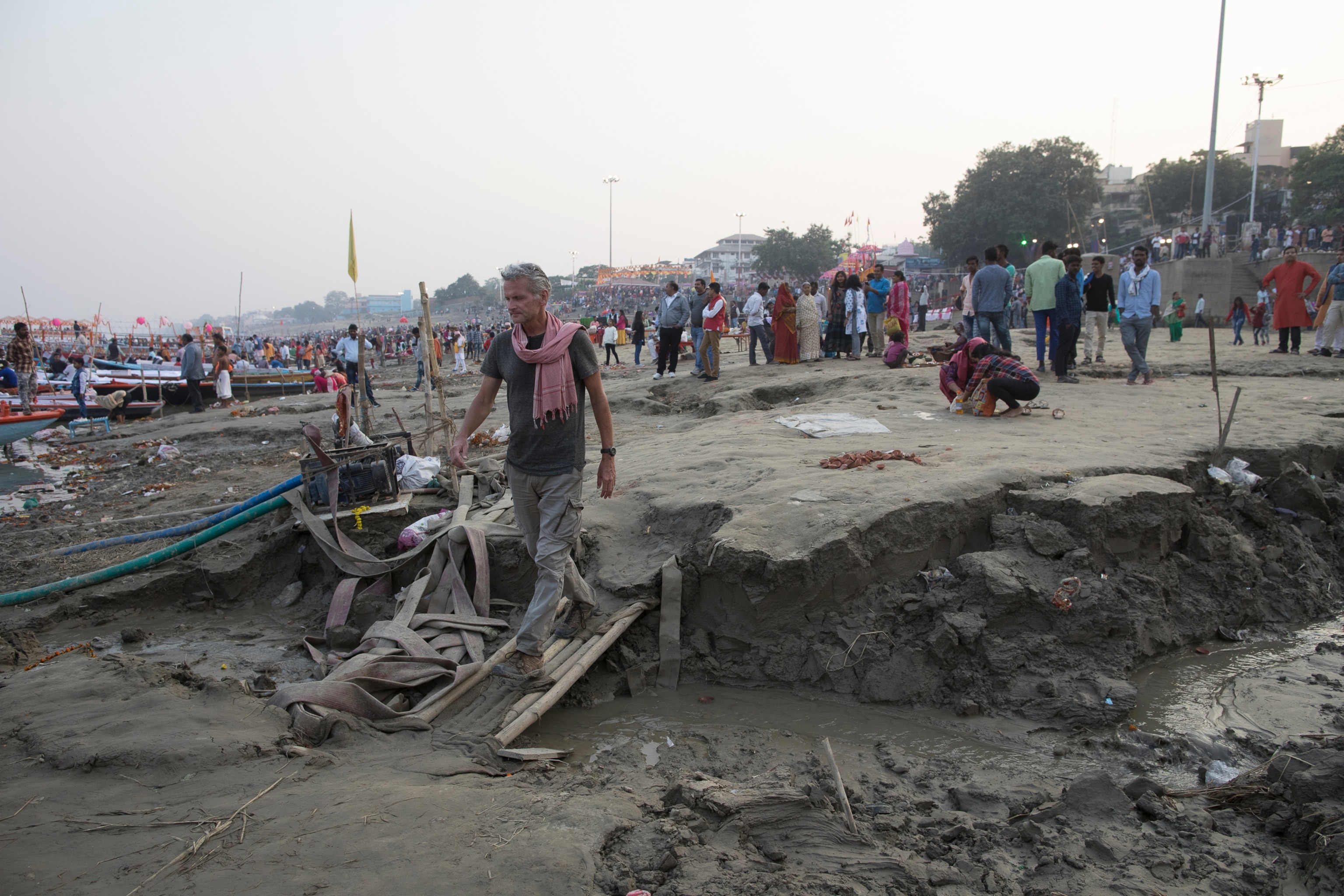 As the seventh year of the Out of Eden Walk began, Salopek, is seen here at the edge of the Ganges in Varanasi, heading east toward Myanmar.