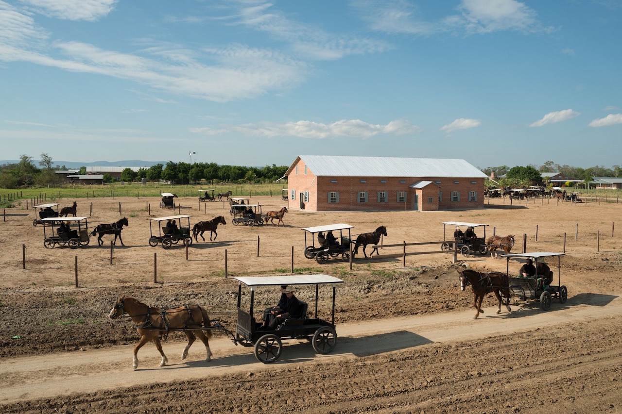 Buggies leave church after Sunday service. Colonia California, Bolivia. 2014