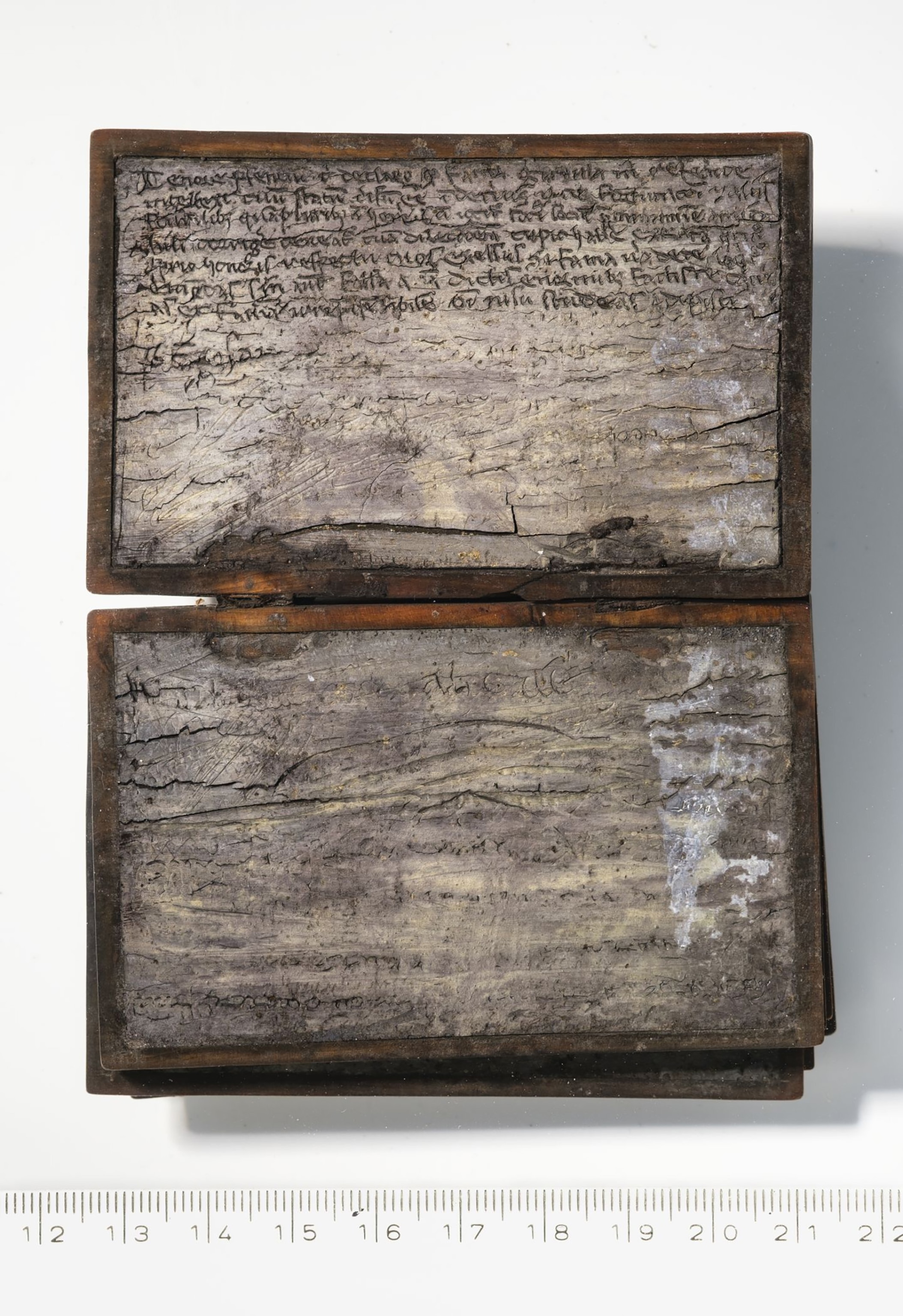 Wood-framed gray paper with latin writing displayed open.
