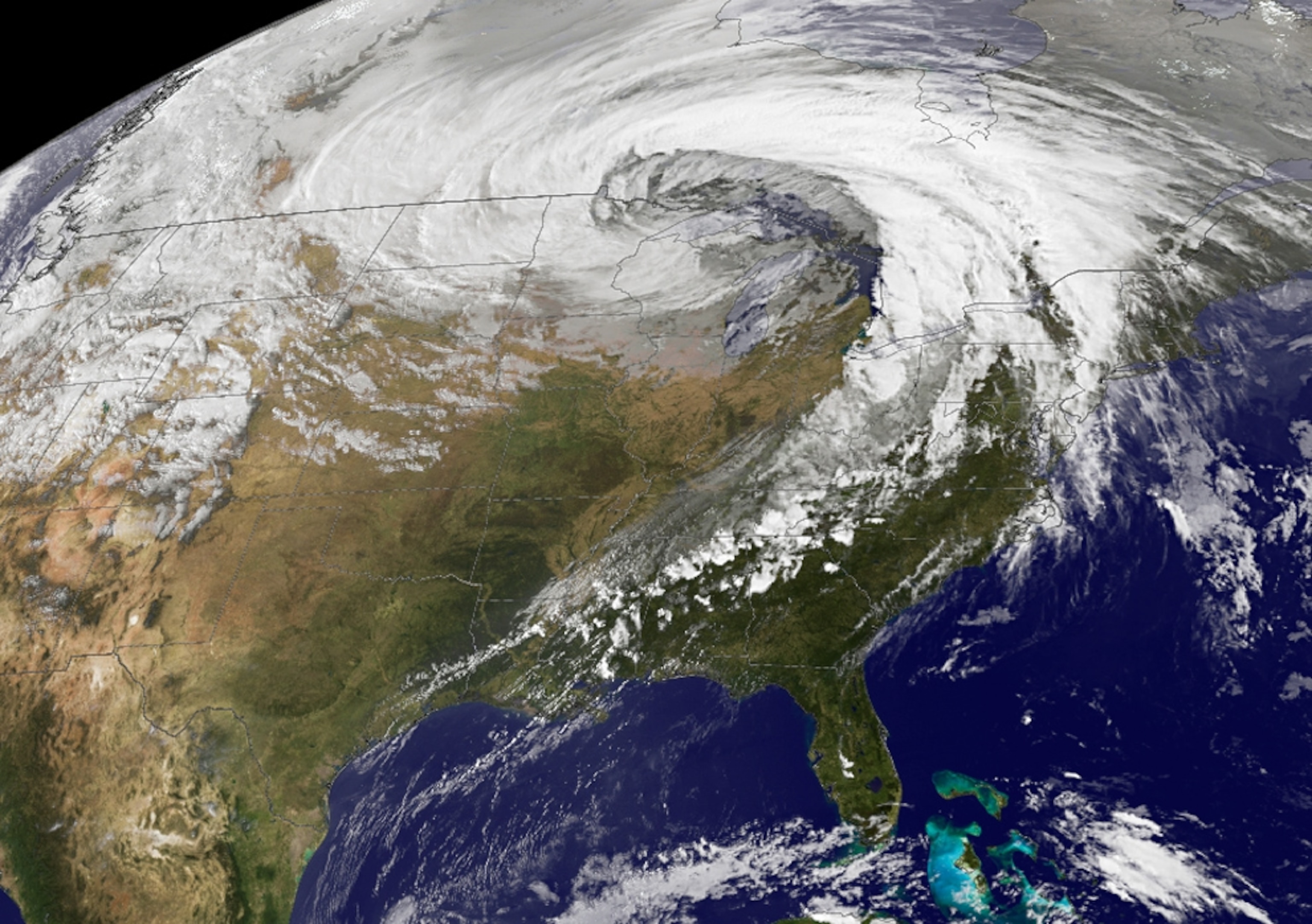 Satellite picture of an extratropical cyclone over North America.