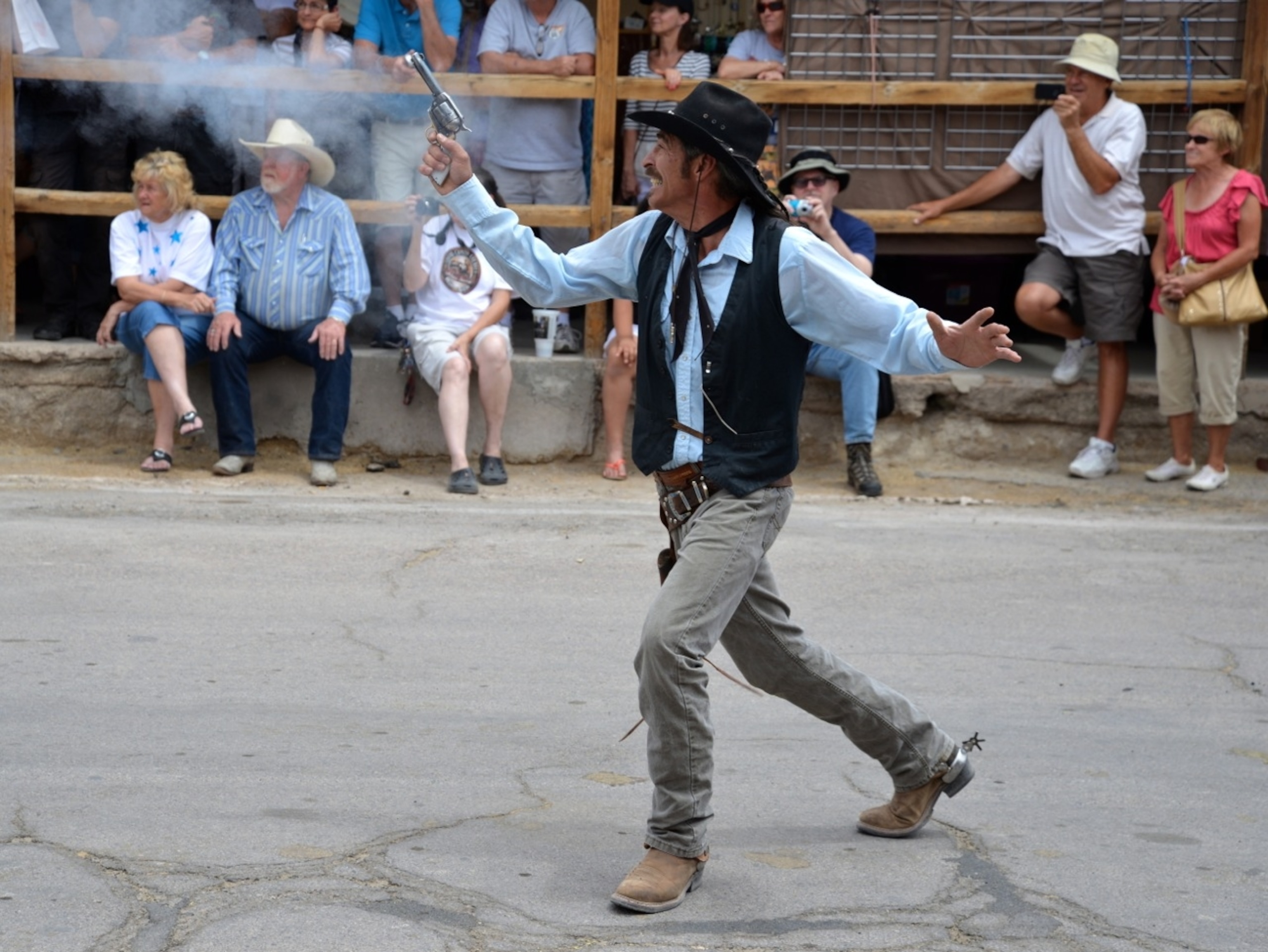 Cowboys duel on Route 66 in Oatman, Arizona. (Photo by Andrew Evans, National Geographic Travel)