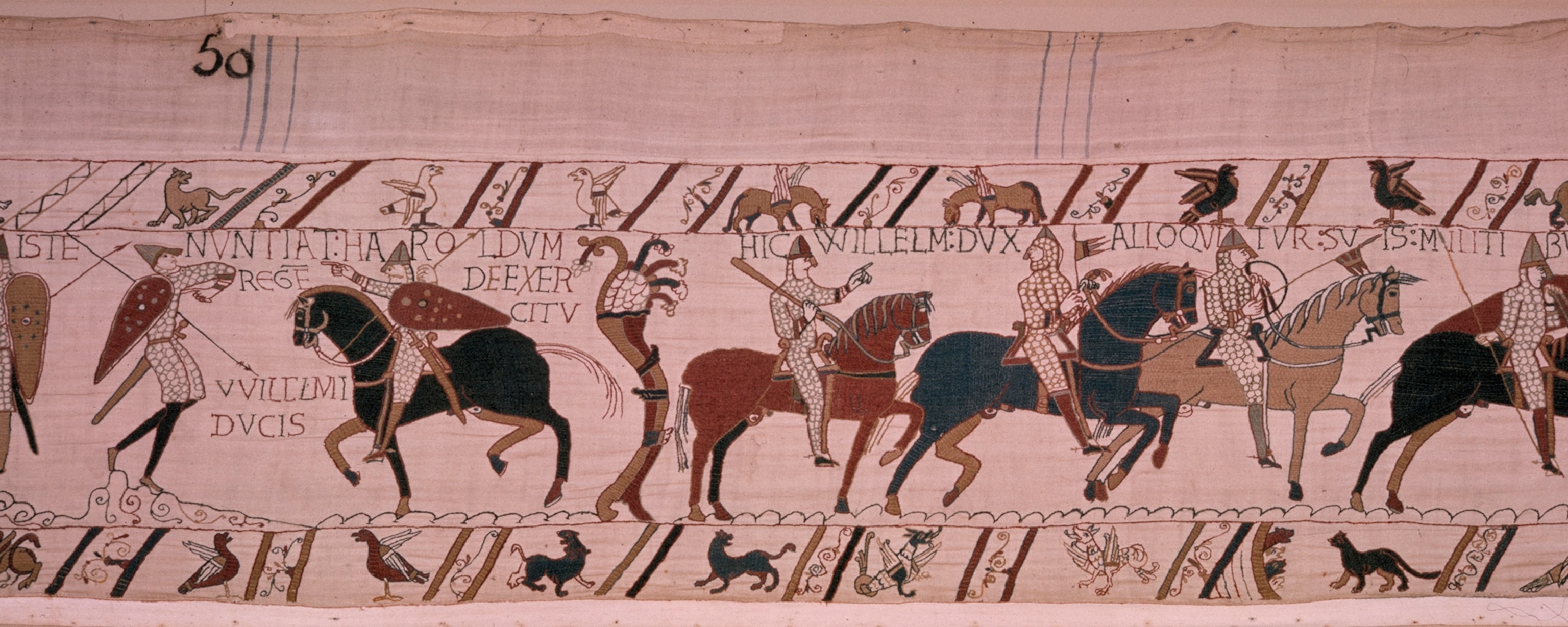 Scene from tapestry in which the Norman invaders show their strength.