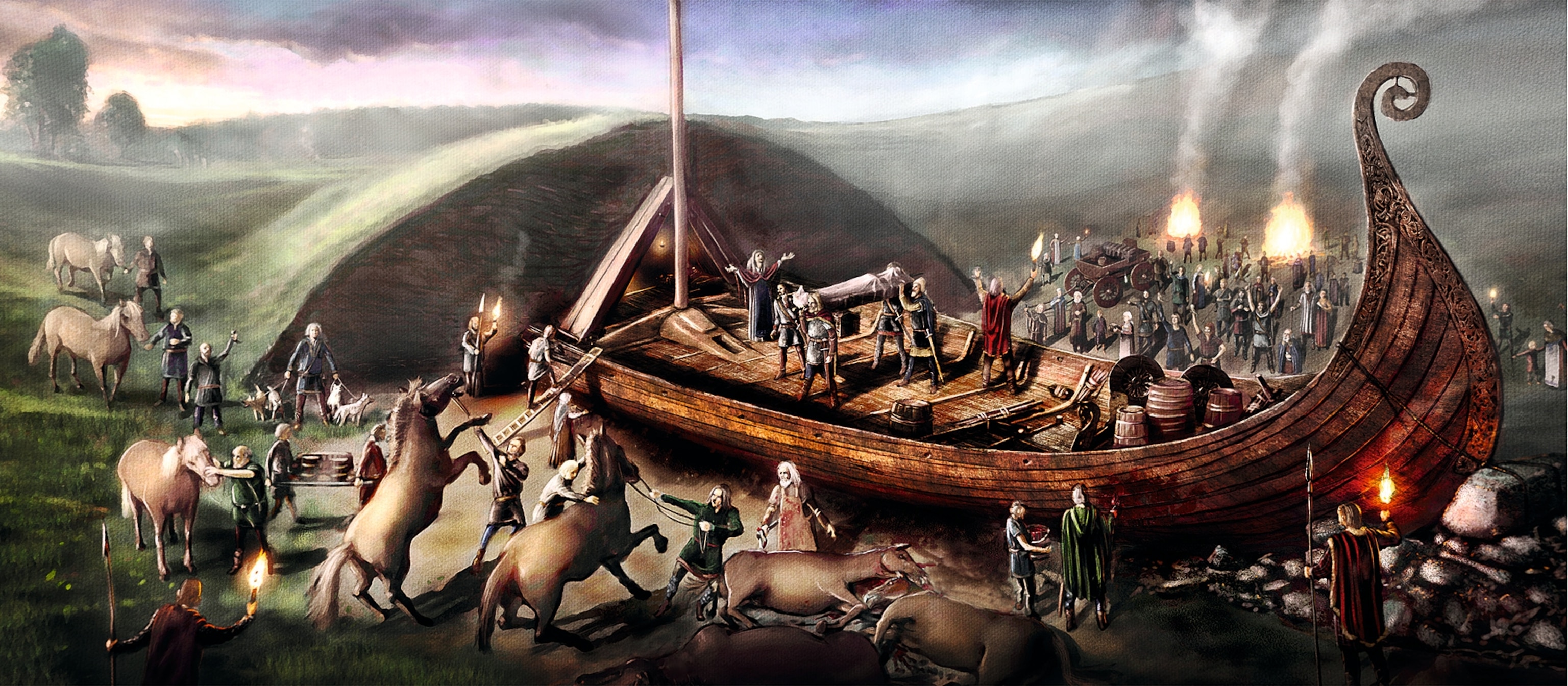 An illustration depicts a typical Viking ship burial.