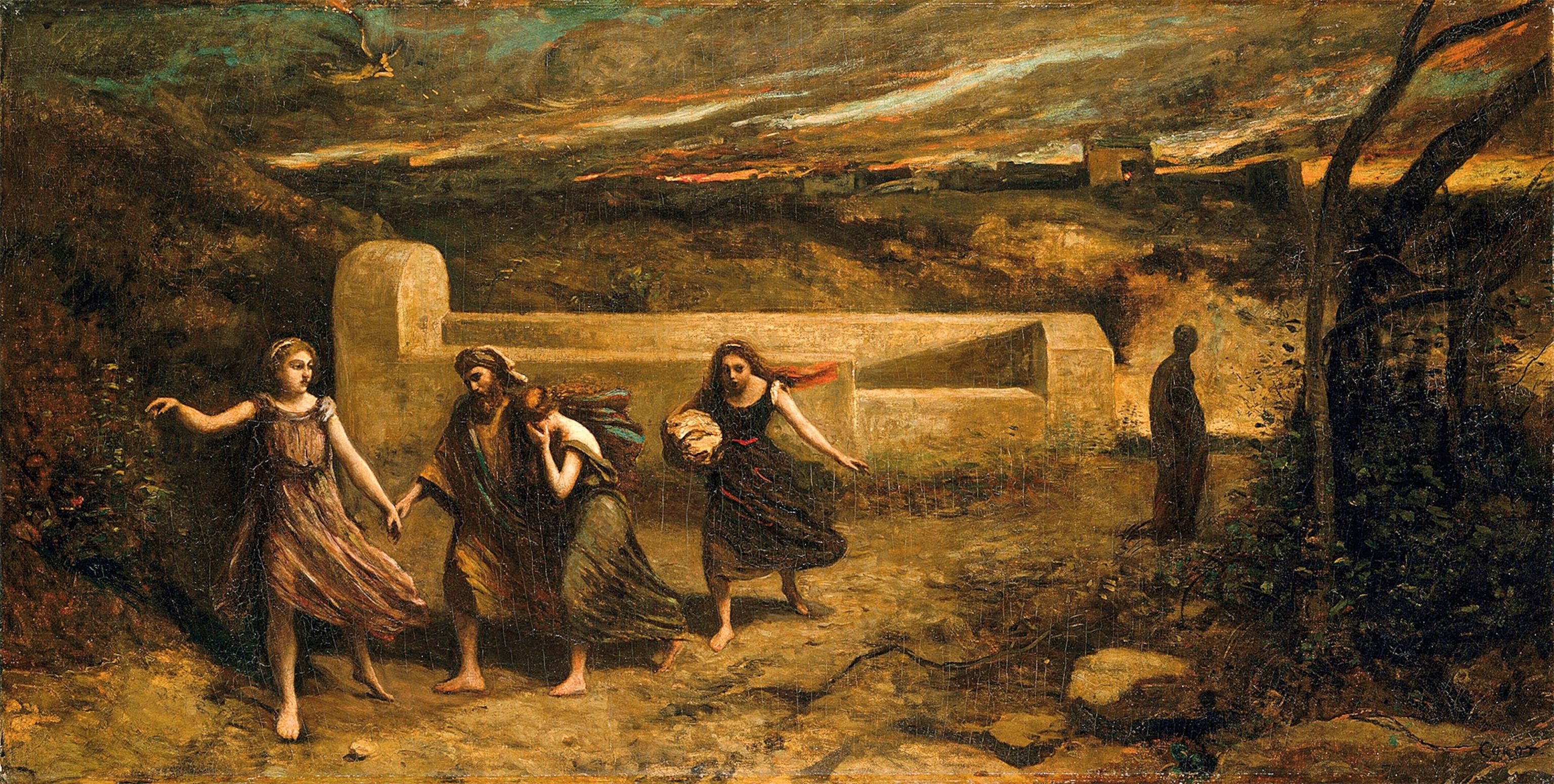 A painting of Lot and his daughters fleeing the destruction of Sodom.