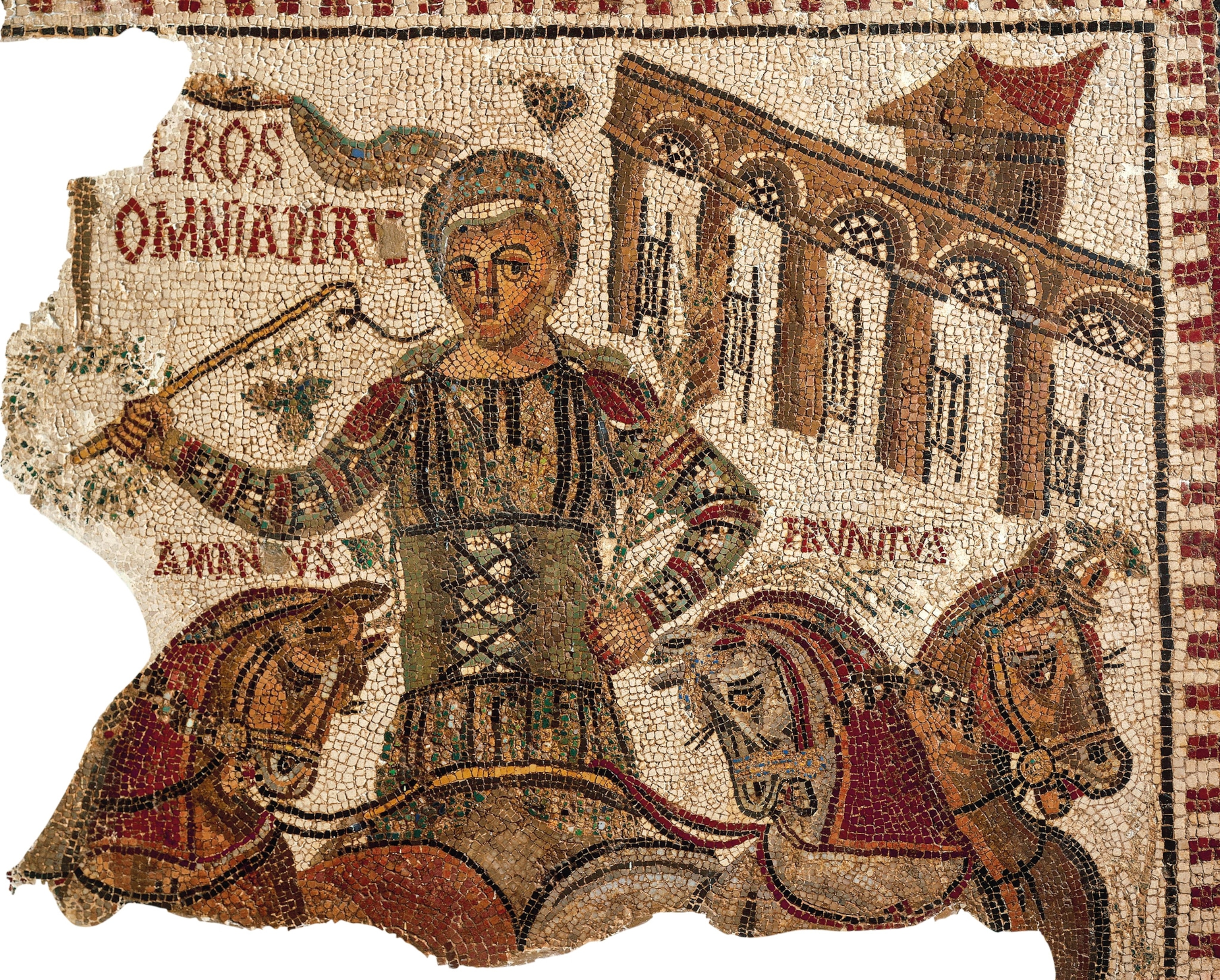 A mosaic of a man with a whip and two horses