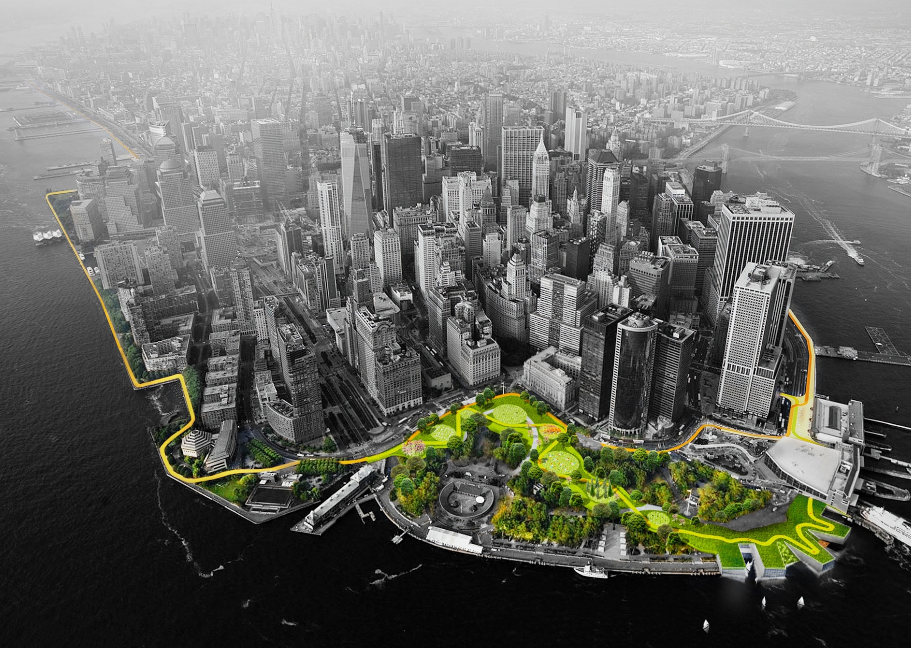 Computer generated arial view of Manhattan with rendering of protection area.