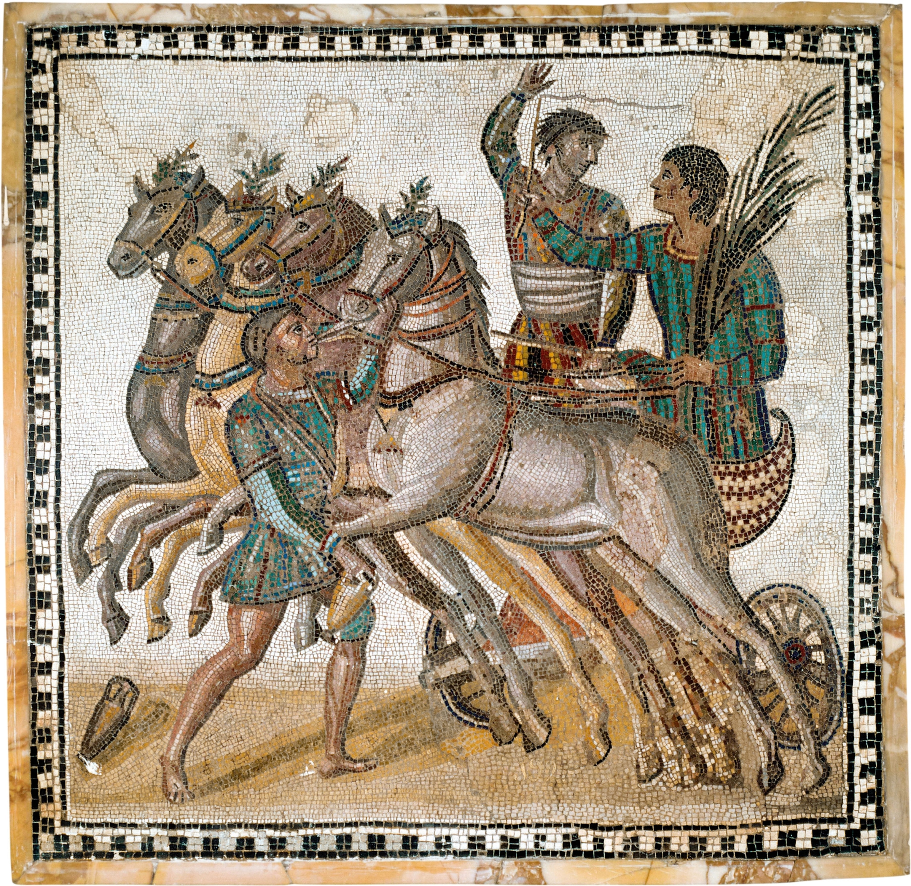 A man in a chariot pulled by four horses and surrounded by two men holds a palm leaf