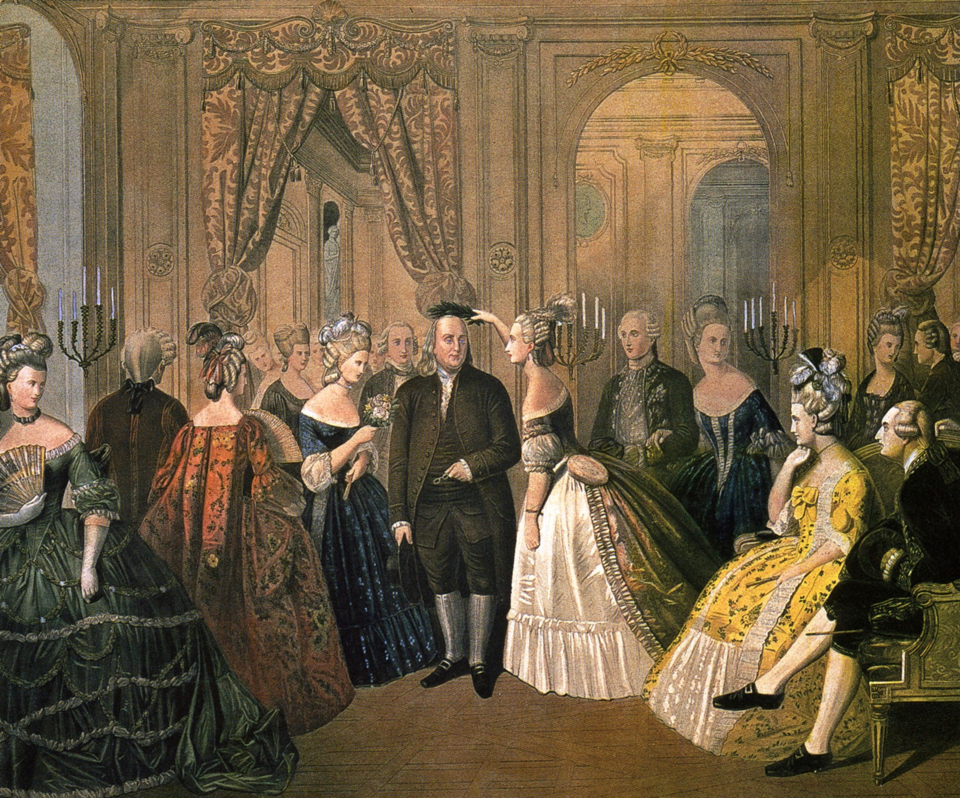 Benjamin Franklin idolized by French Court after signing treaty of alliance in 1776. Marie Antoinette is seated at right