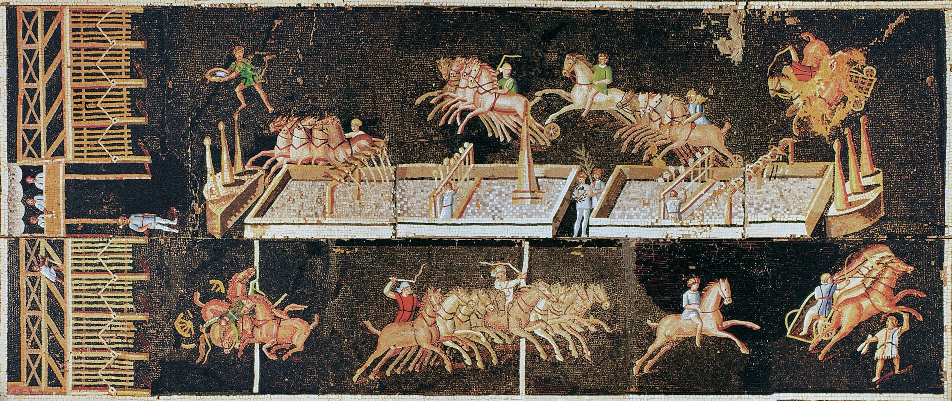 A mosaic of people performing jobs while others race chariots