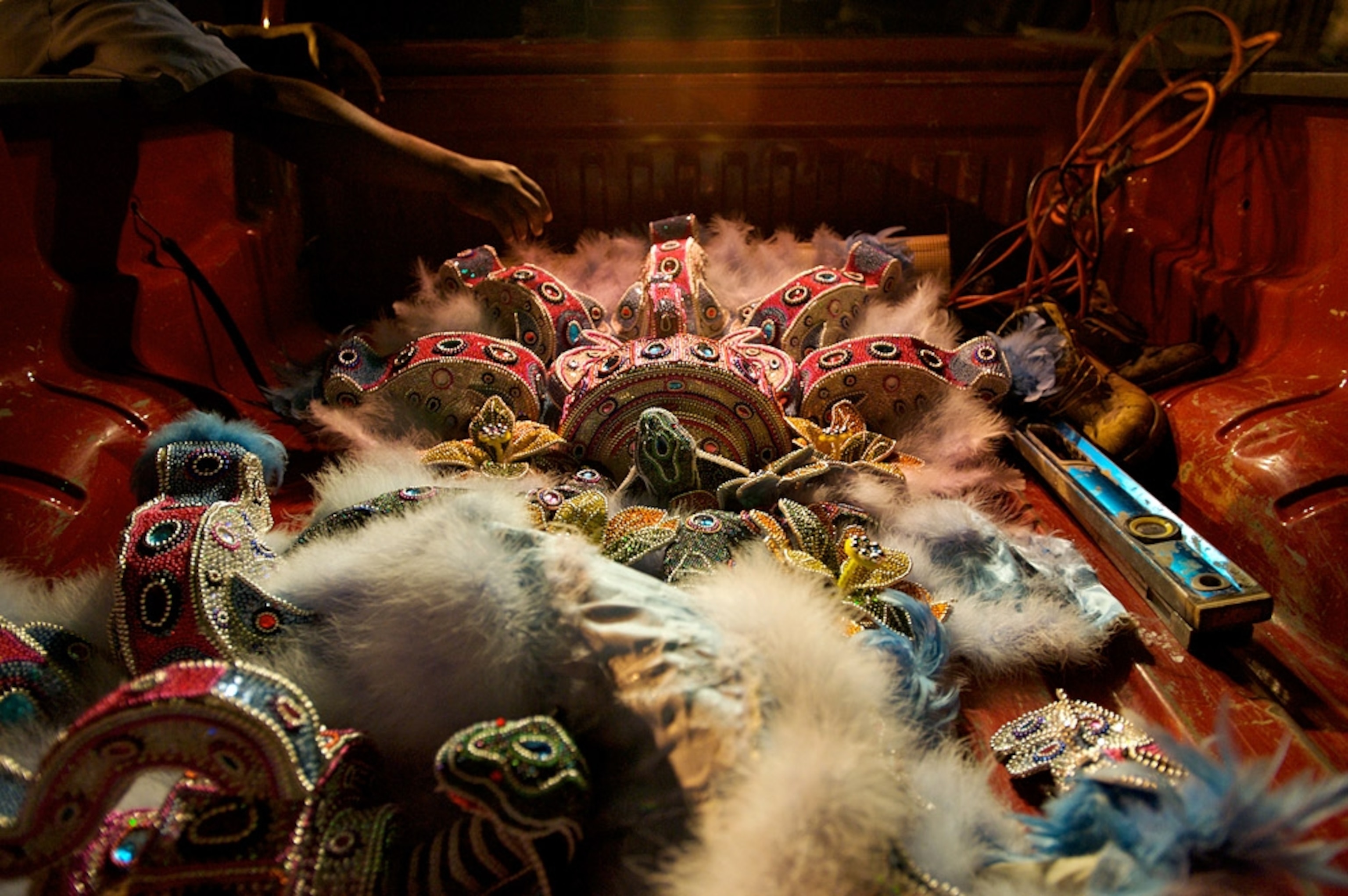 Indian headdress in truck bed
