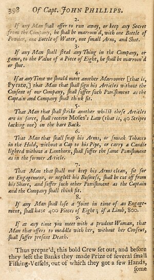 The 1724 articles of Captain John Phillips of the 'Revenge' discuss matters such as theft on board the ship and compensation for limbs lost during battle.