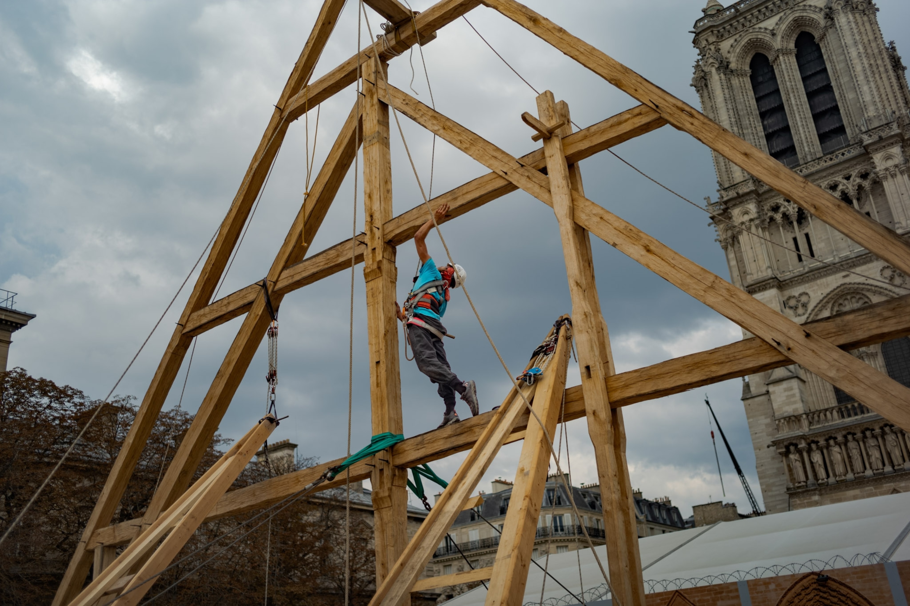 Carpenter adjusts wood to replace the roof of Notre Dame.