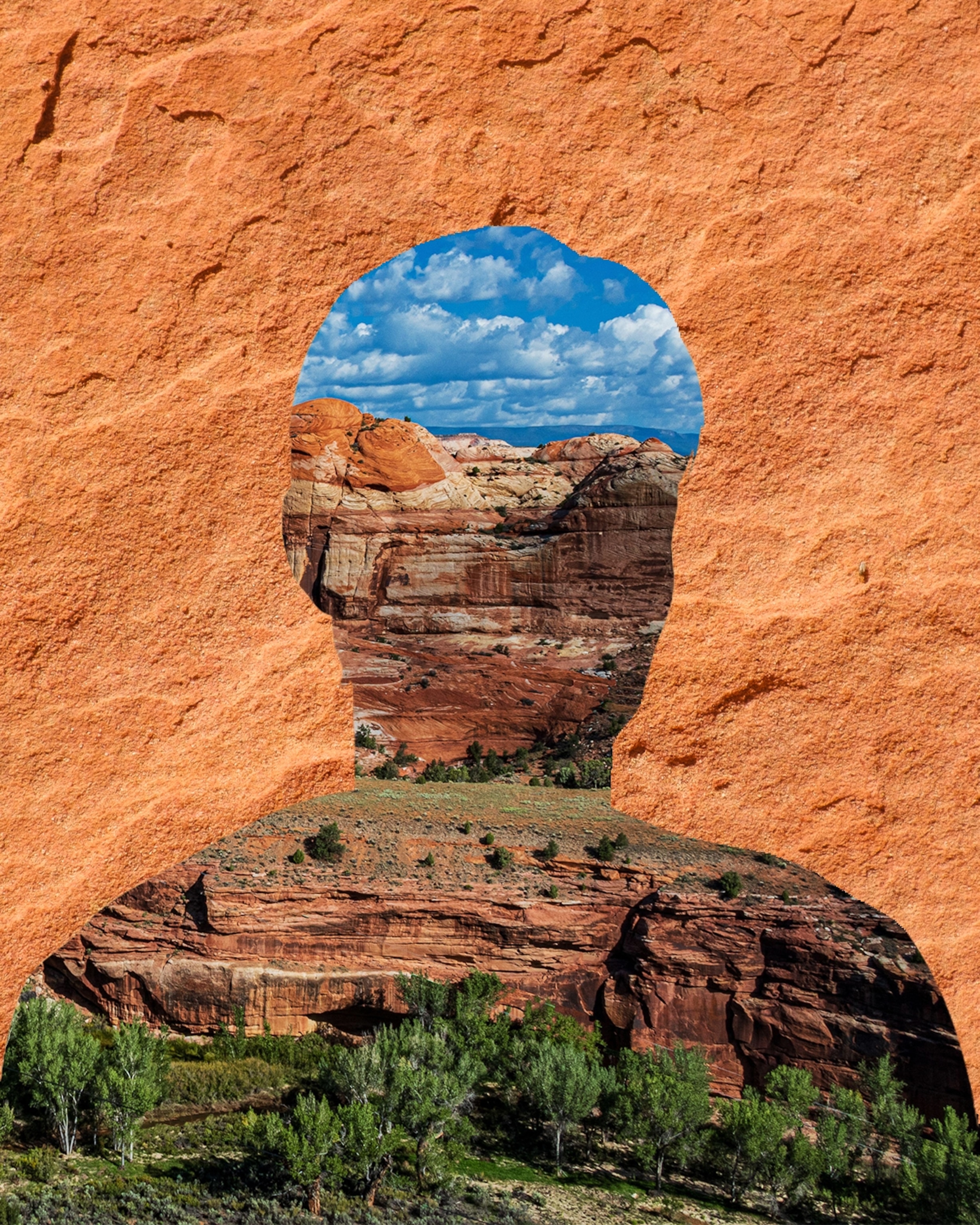 Photo illustration of a man's bust. Inside is a landscape image of Escalante Canyon and the outline is red sandstone.