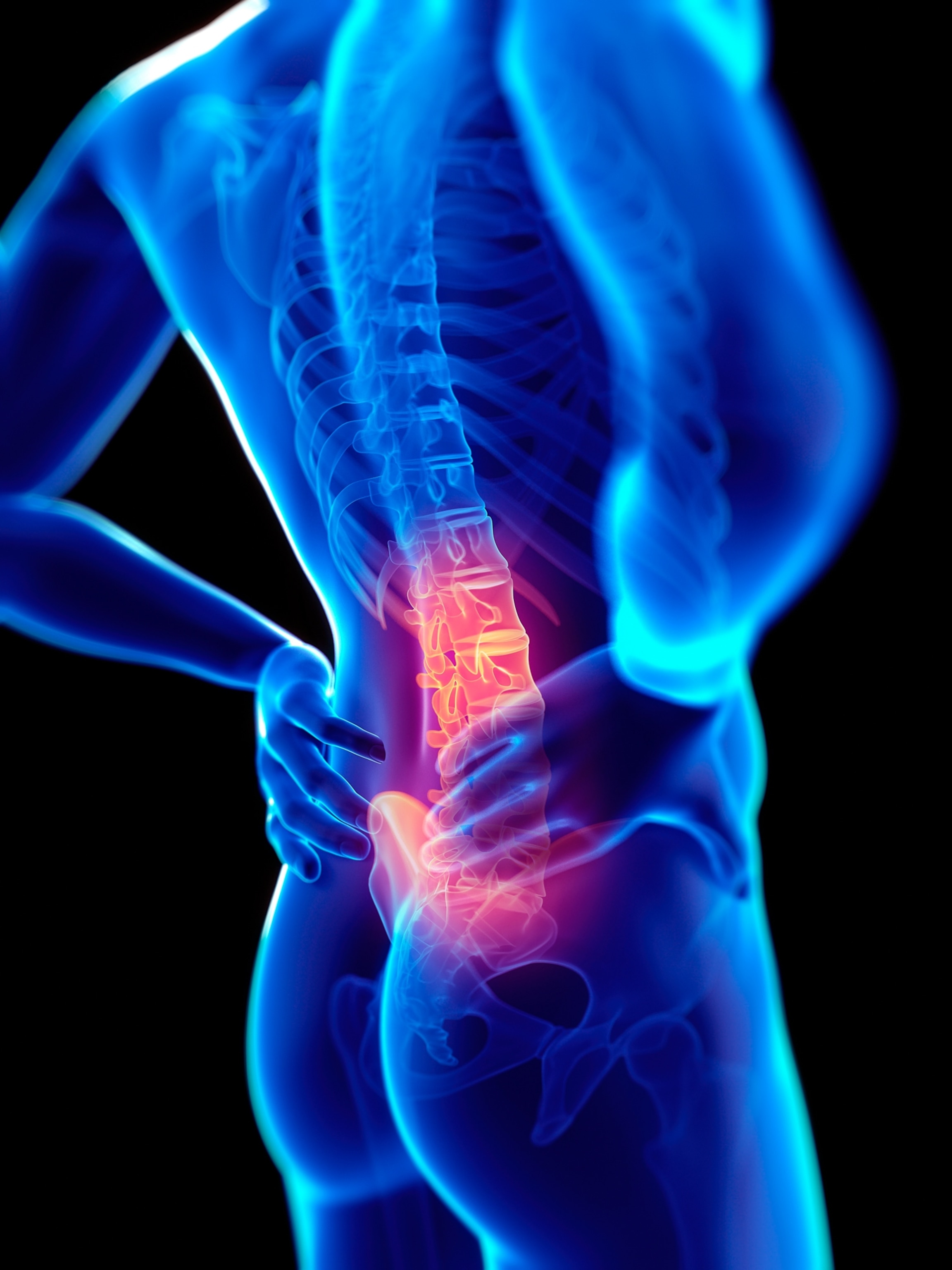 Transparent blue silhouette of a person shows a highlighted red area on the lower back, indicating pain