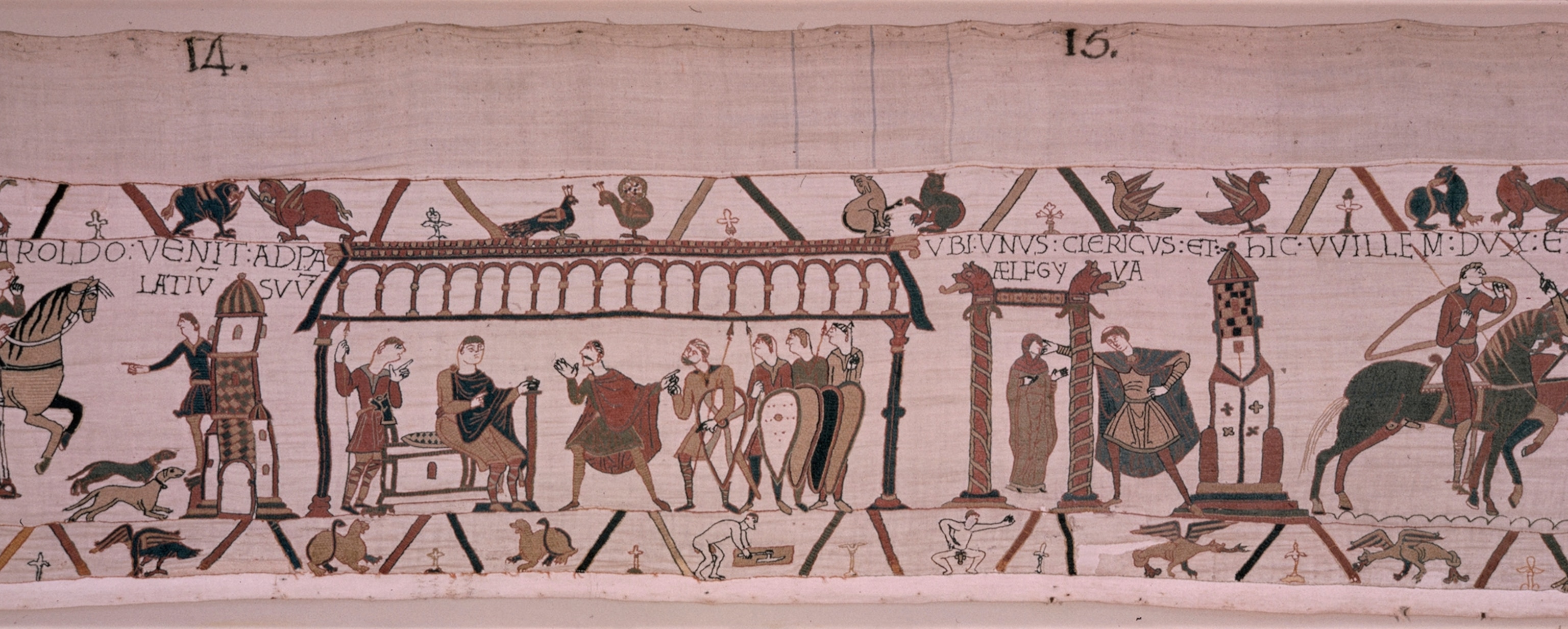 Harold tells tales at William's castle in the Bayeux Tapestry.