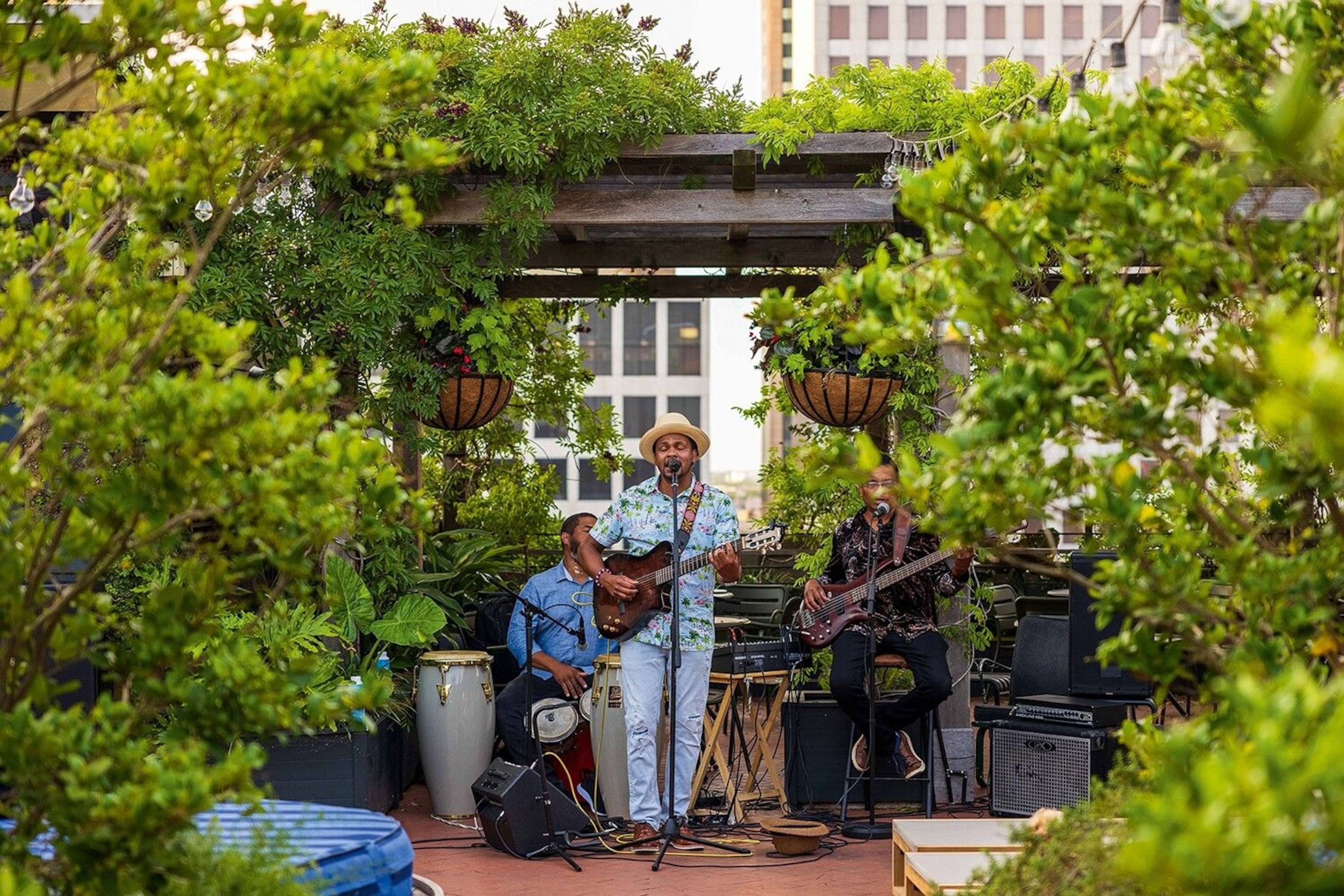 Dominican musician Fermín Ceballos performs at the rooftop bar of the Ace Hotel New Orleans.