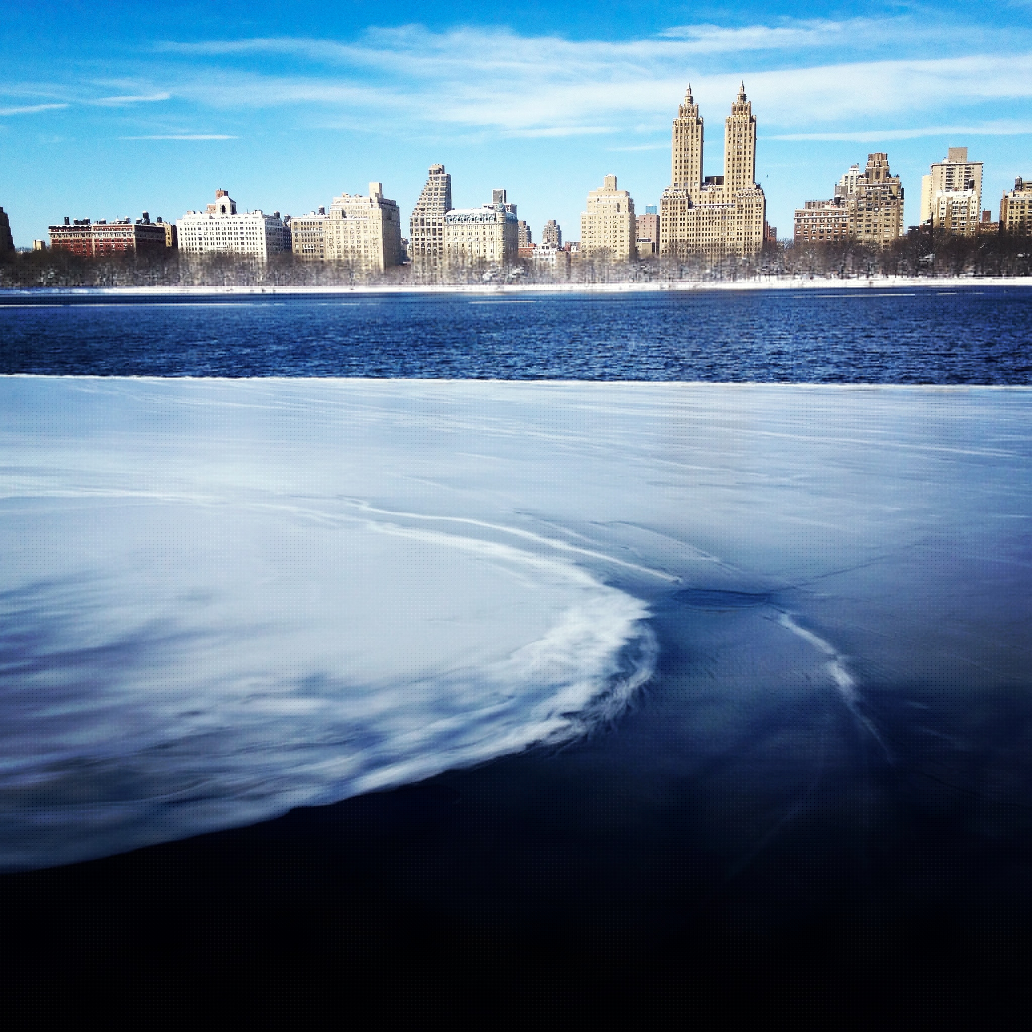 snow on the Jacqueline Kennedy Onassis Reservoir in Central Park, New York