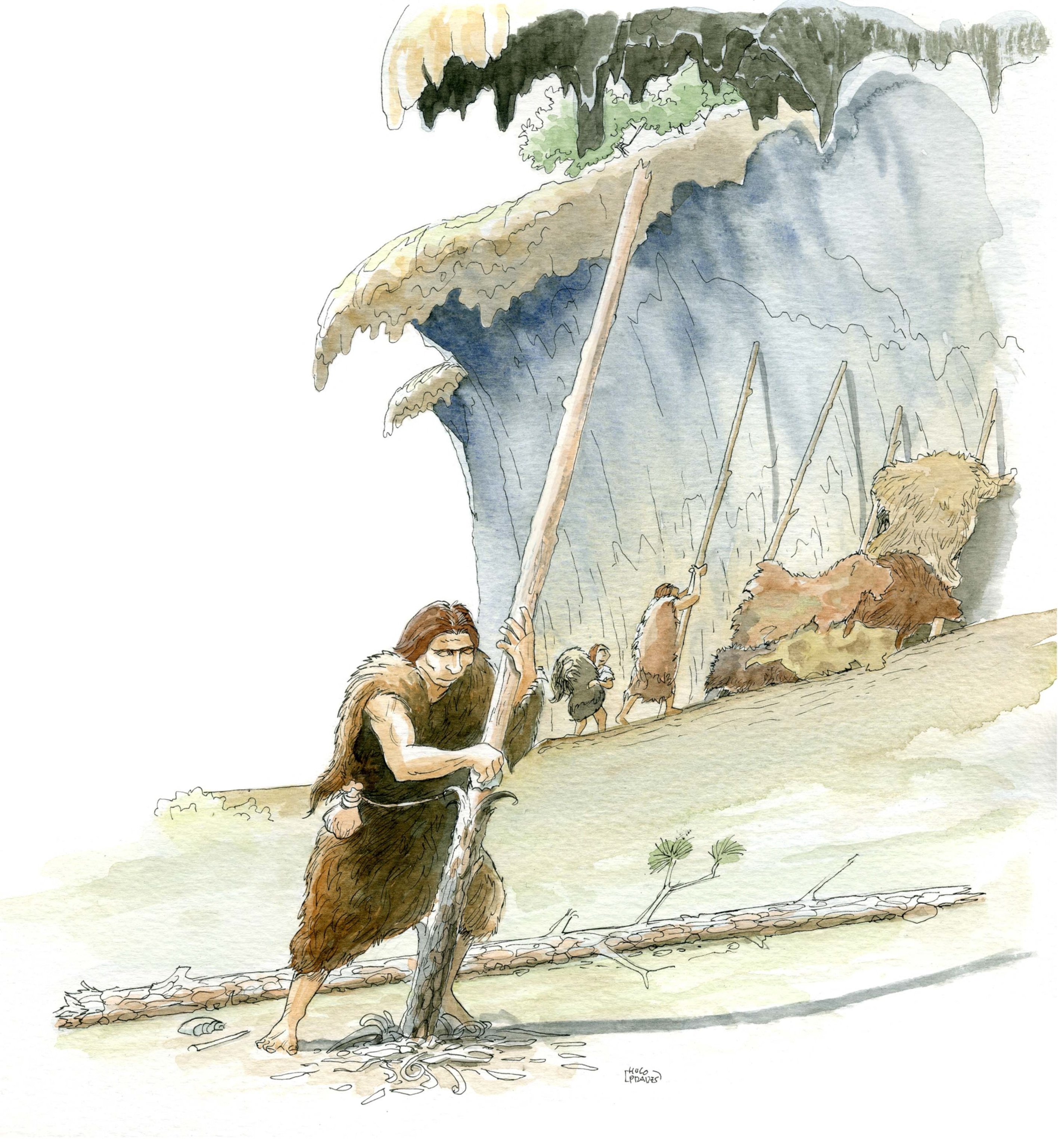 An illustration depicts early humans outside a cave shelter, with one person carving a wooden spear while others work nearby.