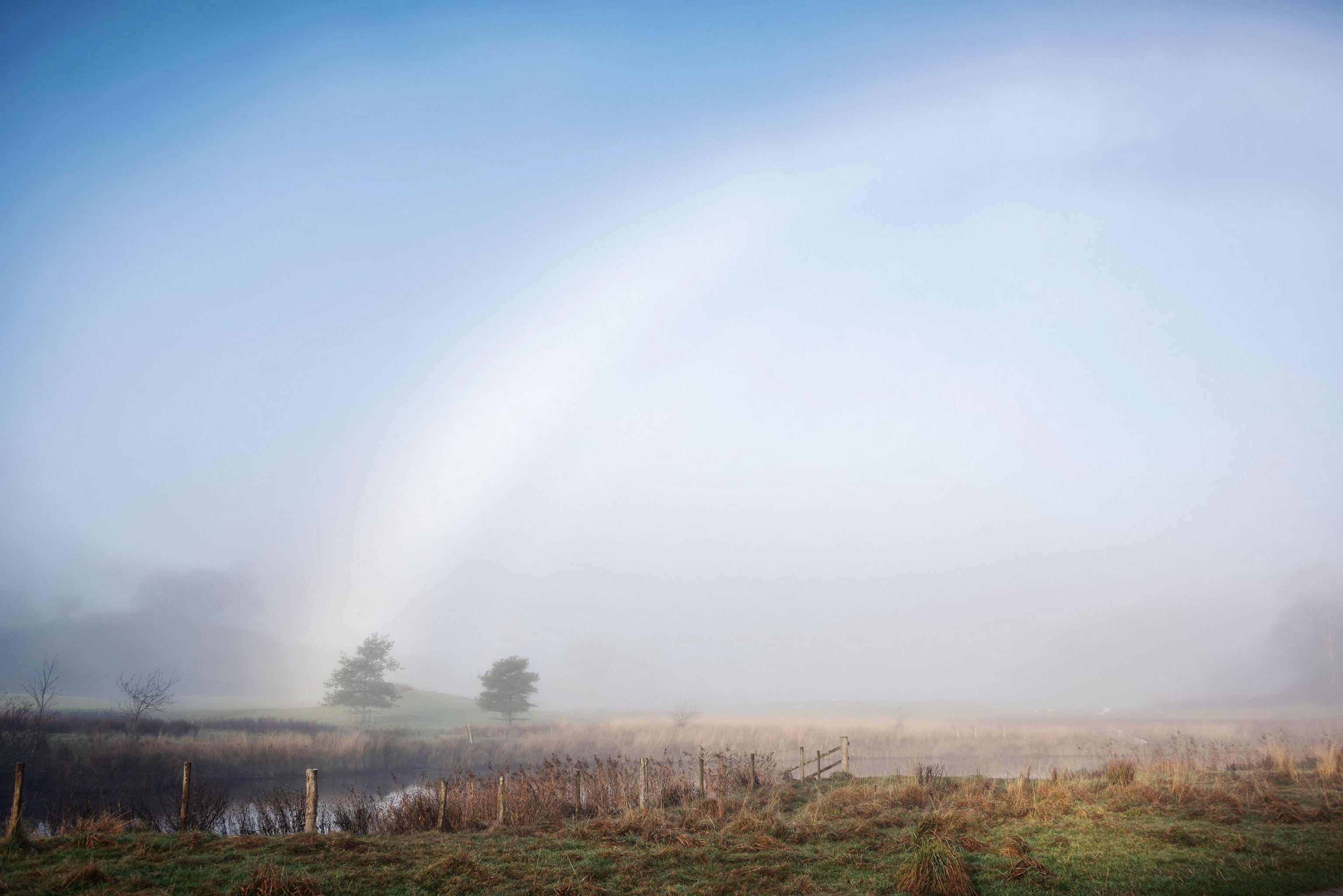 Atmospheric Autumn landscape image of rare fog bow over Elterwater riverbank with copse of trees