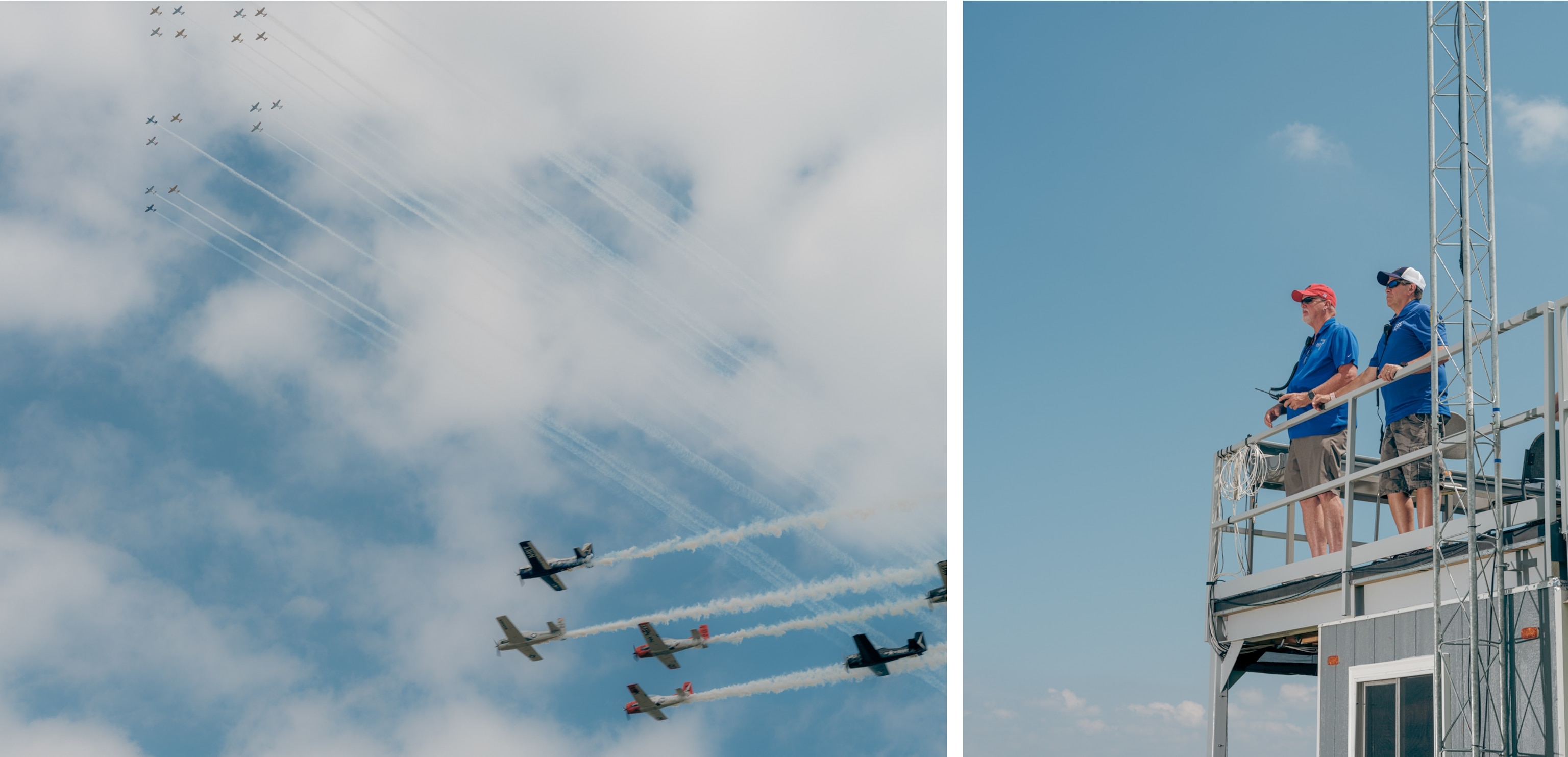 On the left, a formation of small airplanes fly across a cloudy sky, leaving white smoke trails. On the right, two men in blue shirts standing on a rooftop platform under a clear sky, one holding a walkie talkie