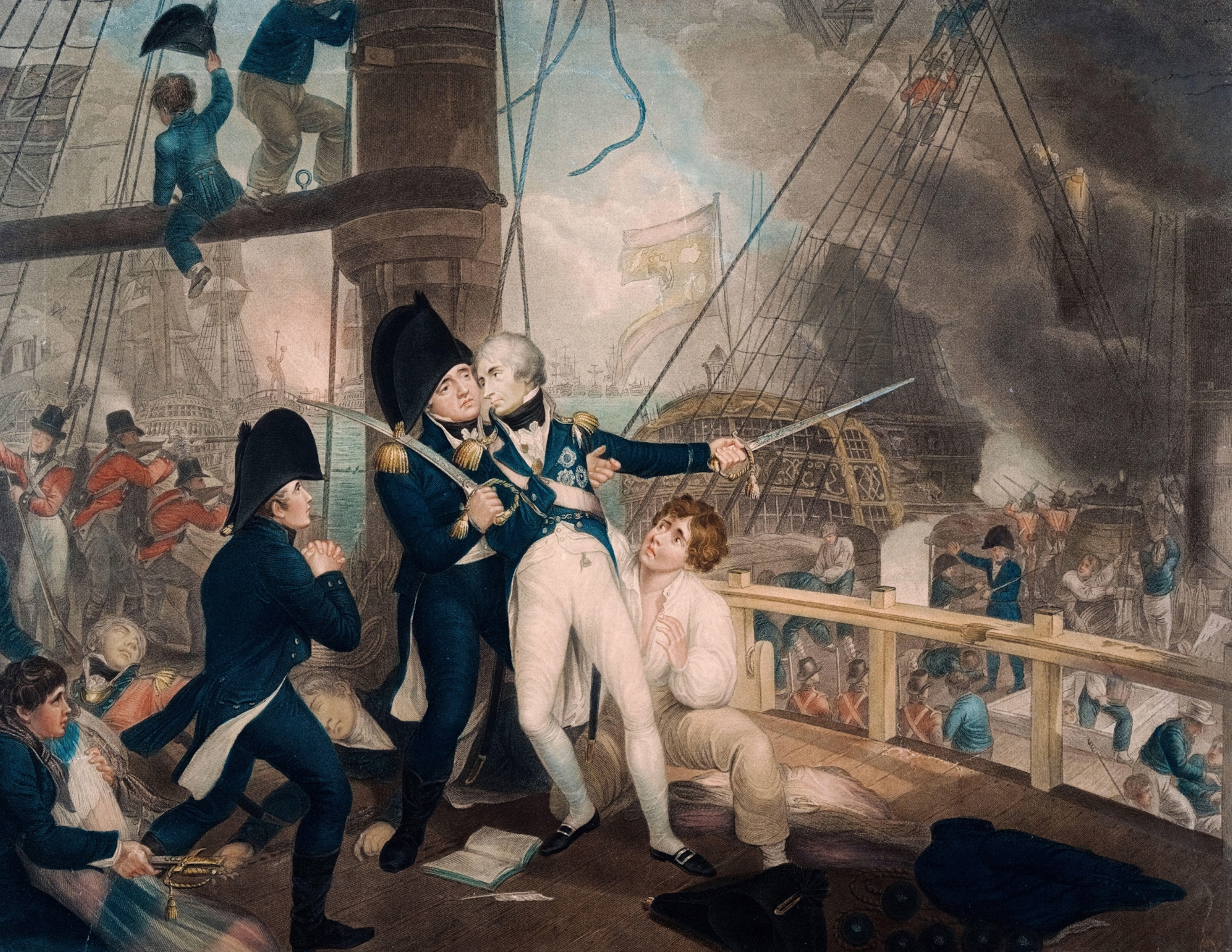 A painting of a man leaning backwards onto another man on a ship.