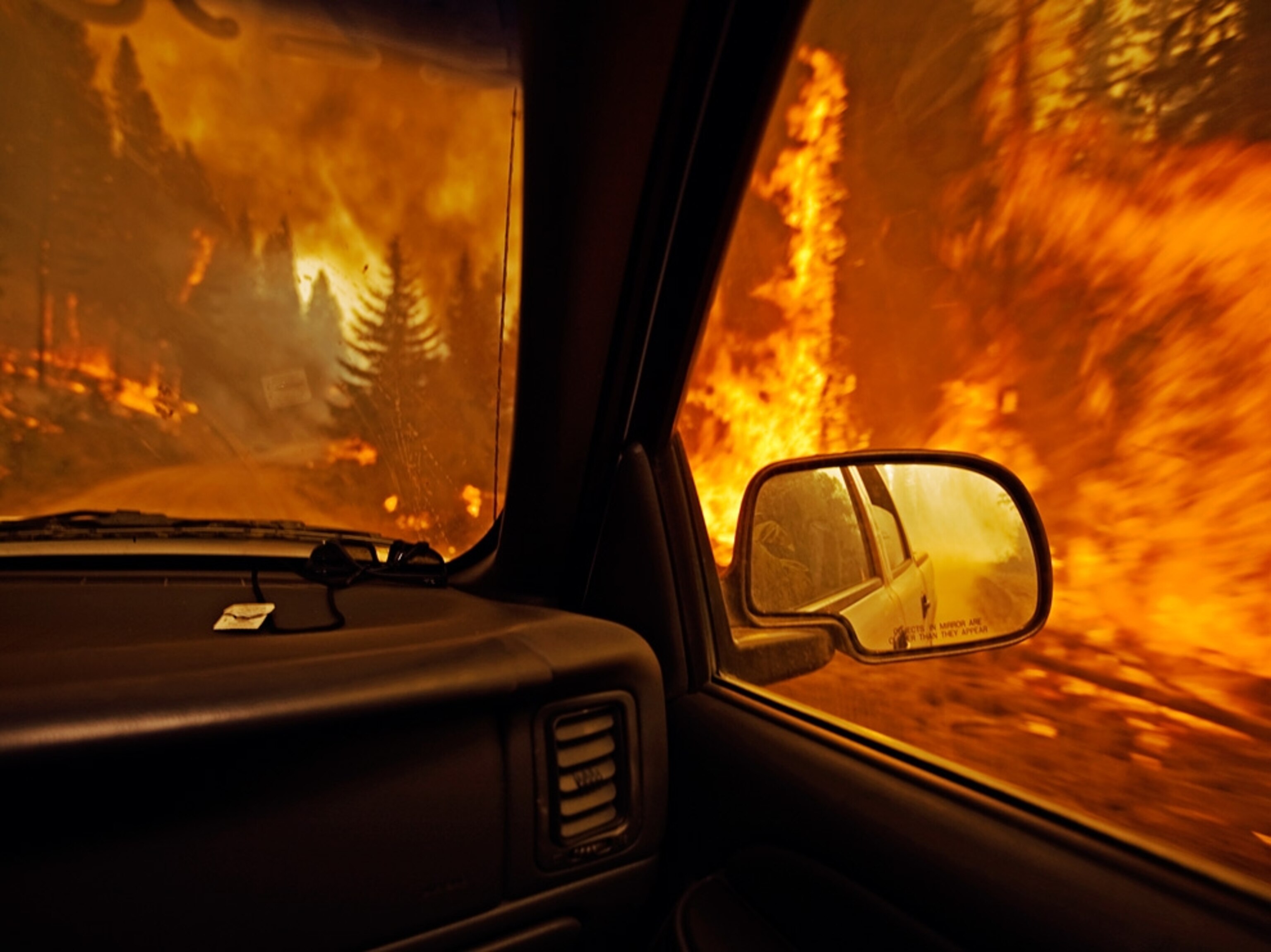 Montana wildfire seen from inside a vehicle