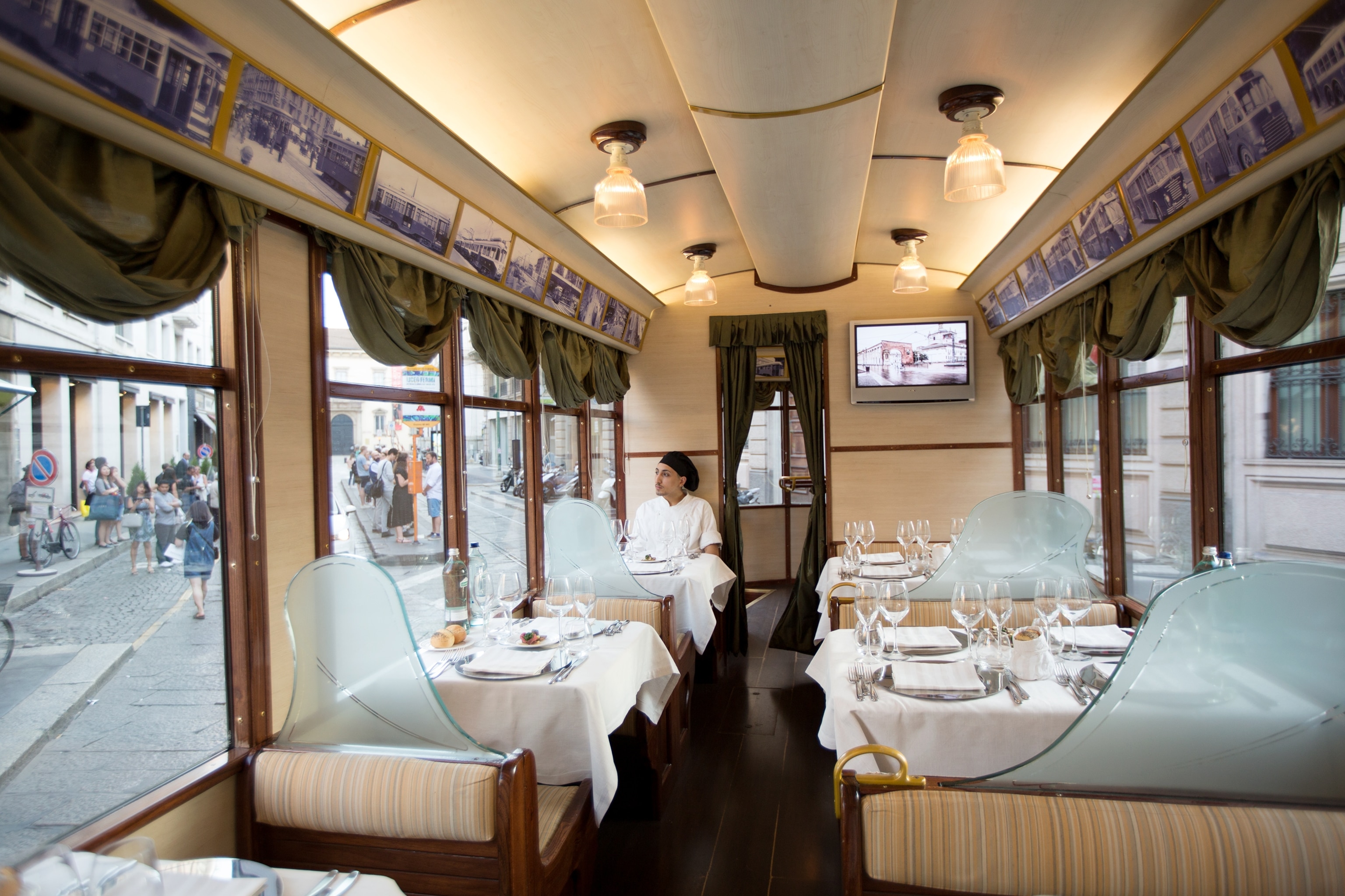 a tram converted into a restaurant in Milan, Italy