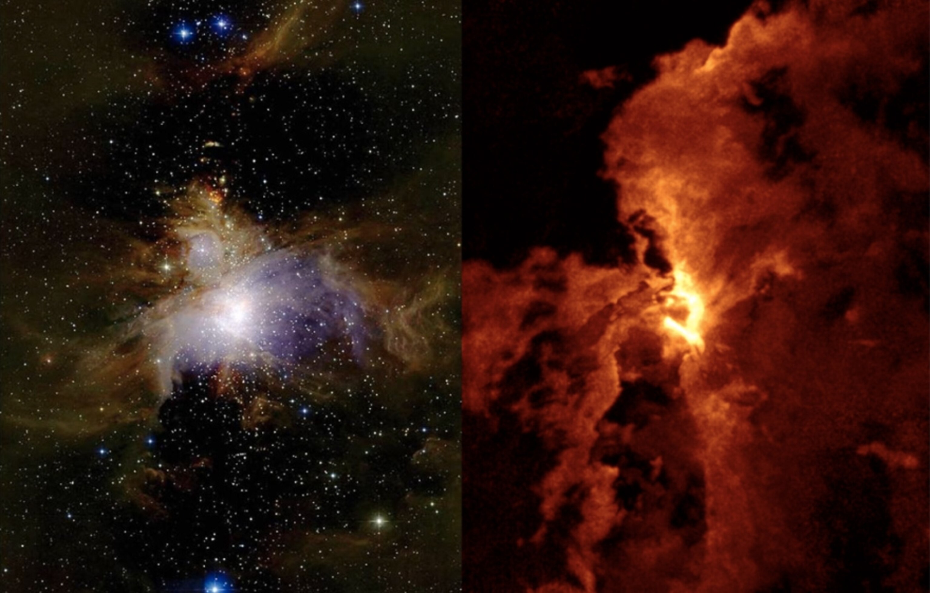 the Orion molecular cloud in infrared and radio light.