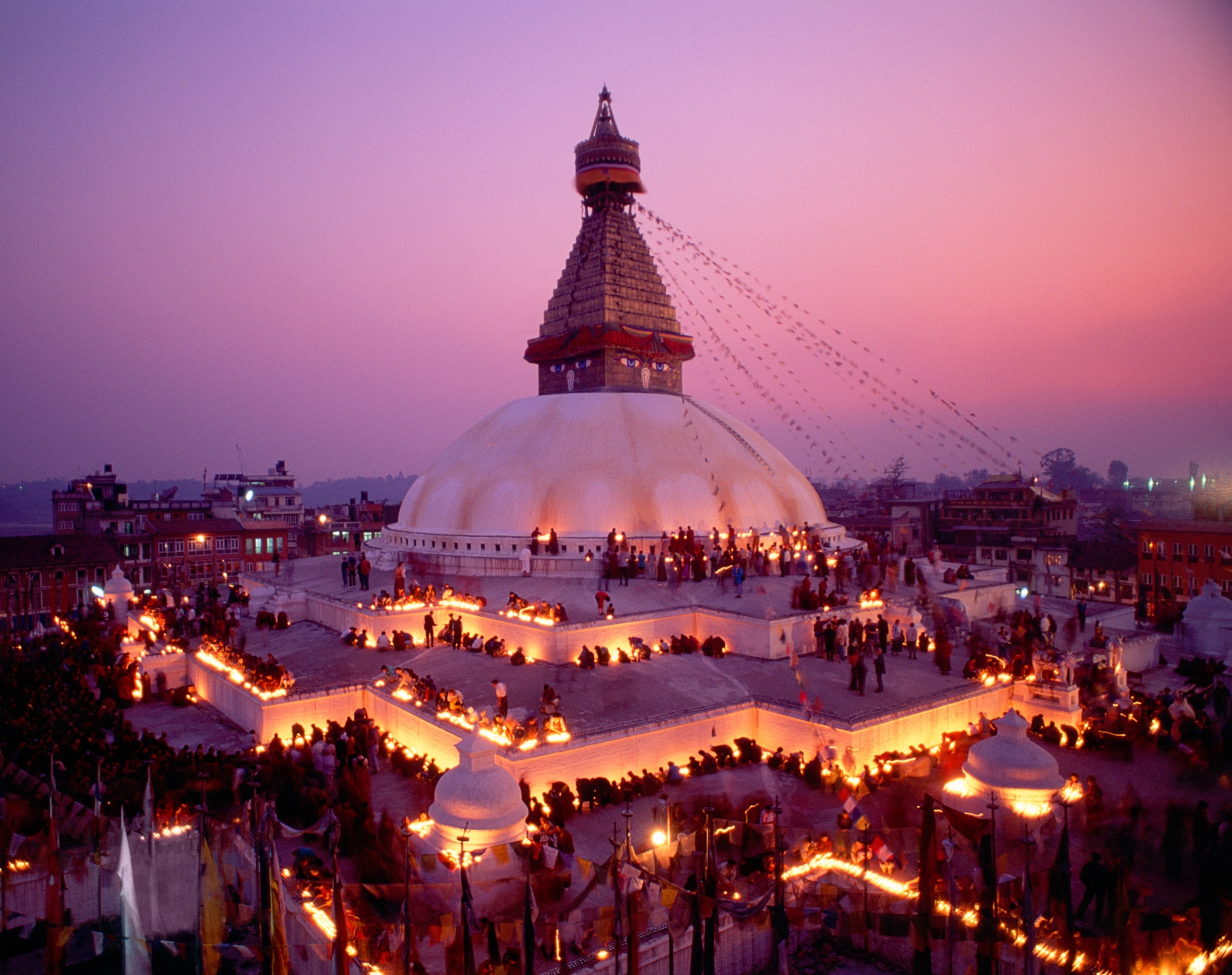 a stupa at sunset in Kathmandu, Nepal