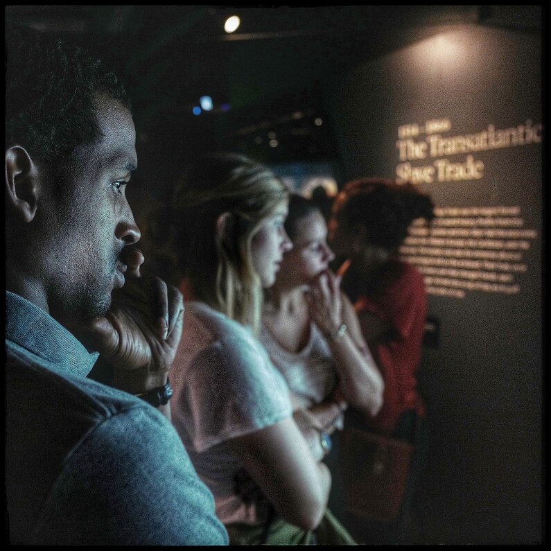 A man pensively reads in an exhibit about the transatlantic slave trade.