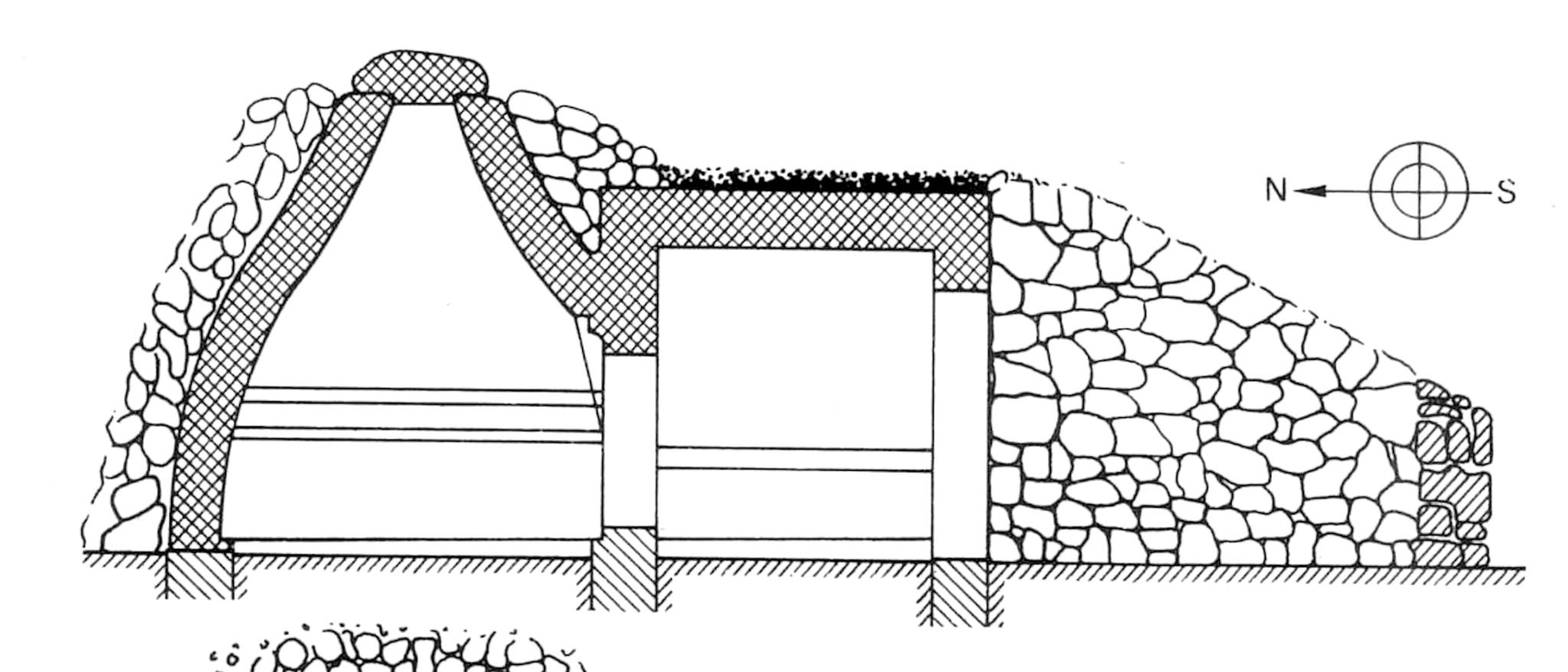 A cross section of the Kazanlak Tomb show, from right to left, the antechamber, the passageway, and the burial chamber.