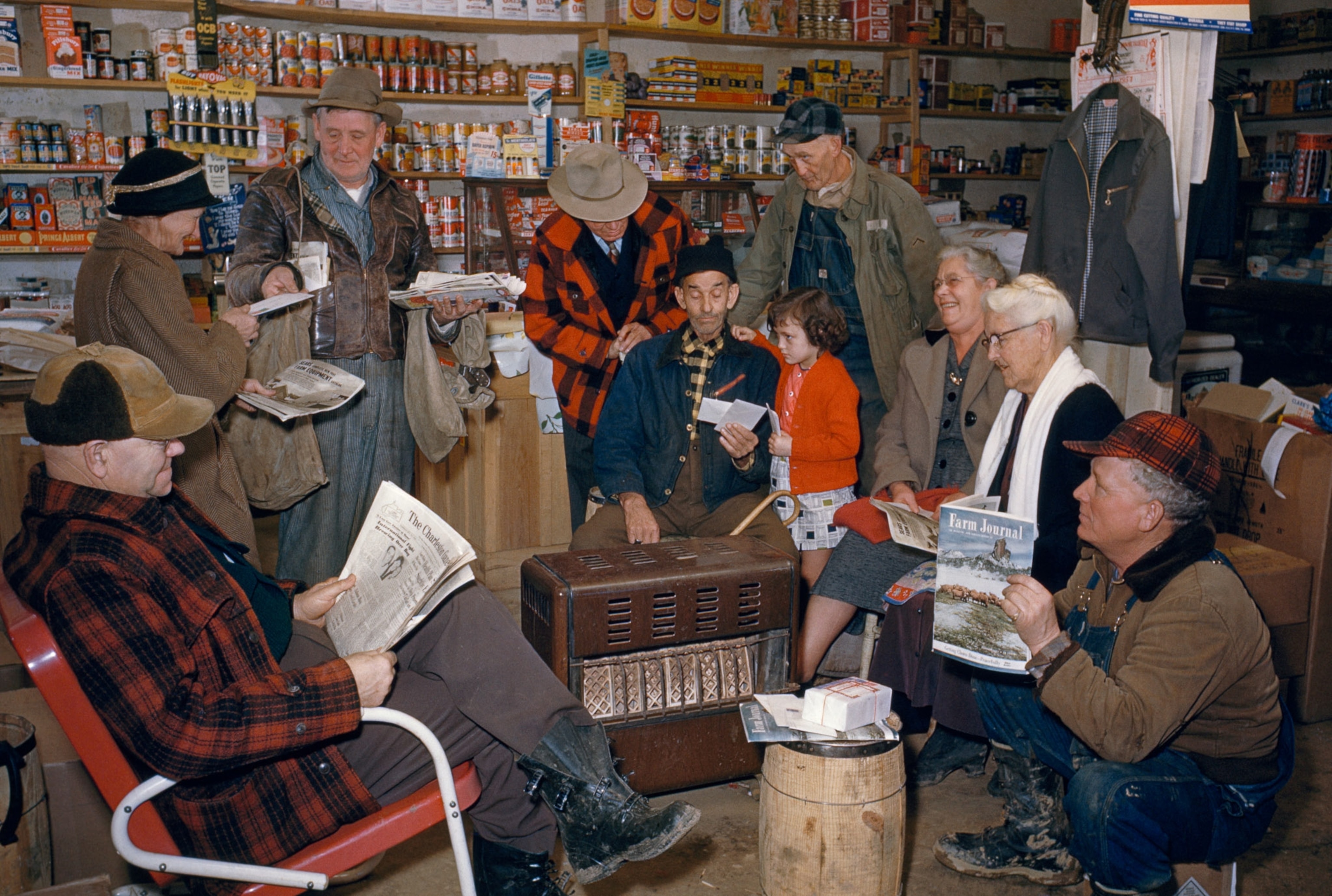 postman delivering mail to people in local general store