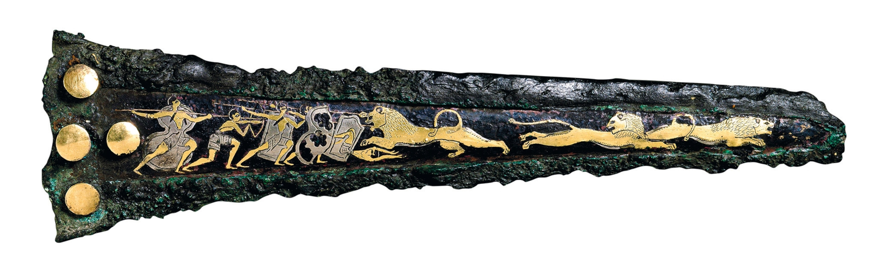 Mycenaean bronze dagger depicting a lion-hunting scene.