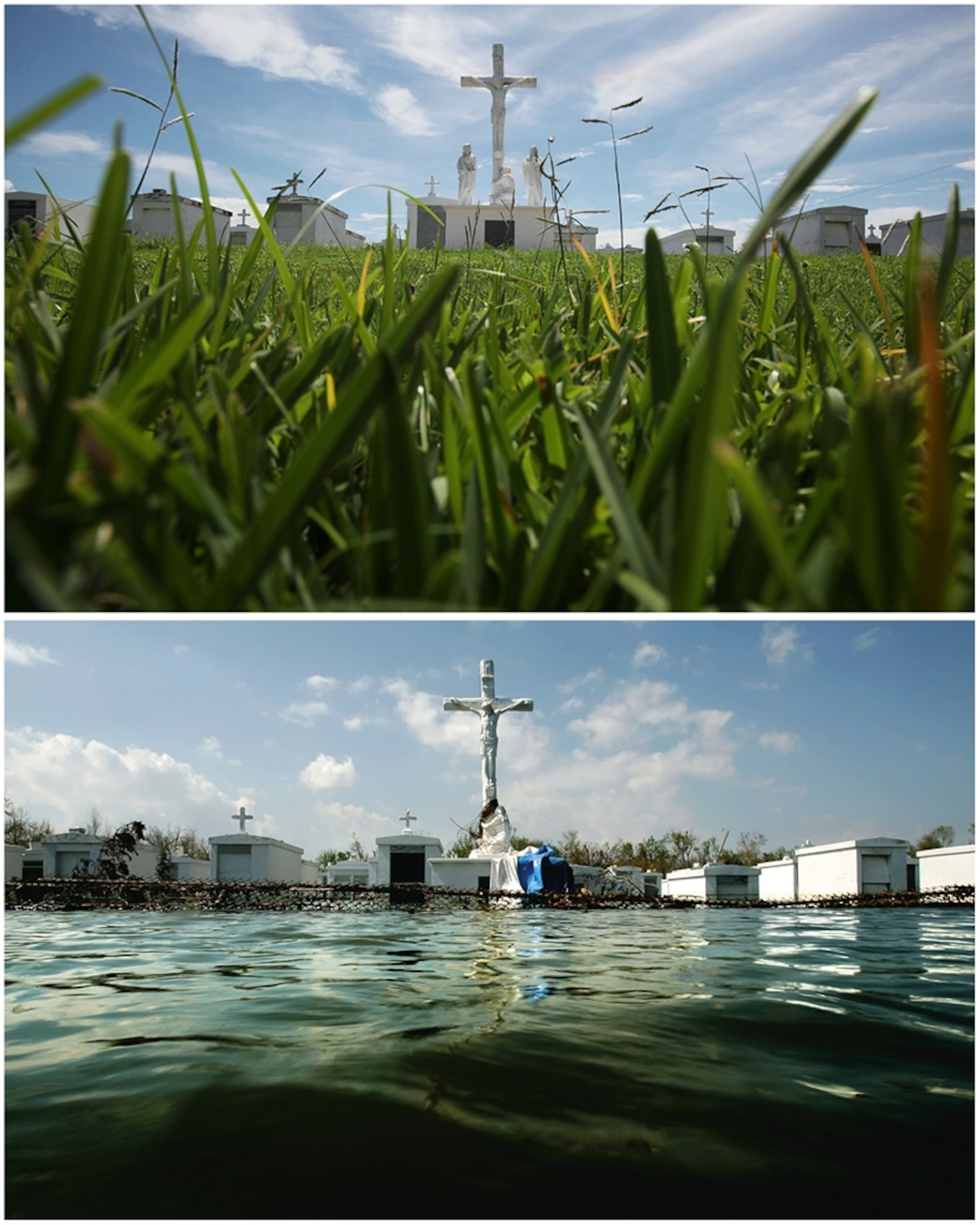 Then-and-now Hurricane Katrina fifth-anniversary pictures of a cemetery in Plaquemines Parish.
