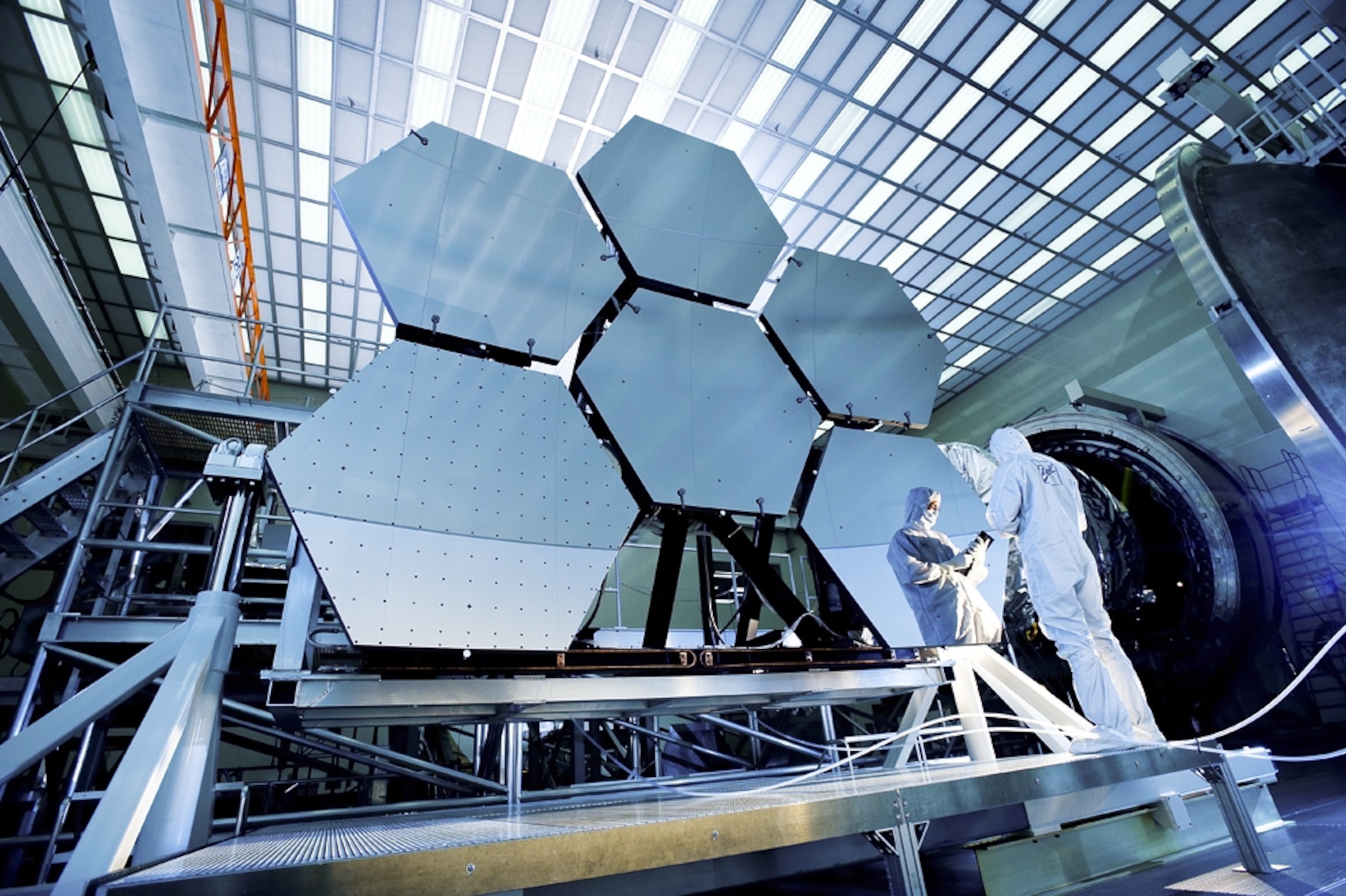 Picture of some of the mirrors built for the James Webb Space Telescope being tested for extreme temperatures.