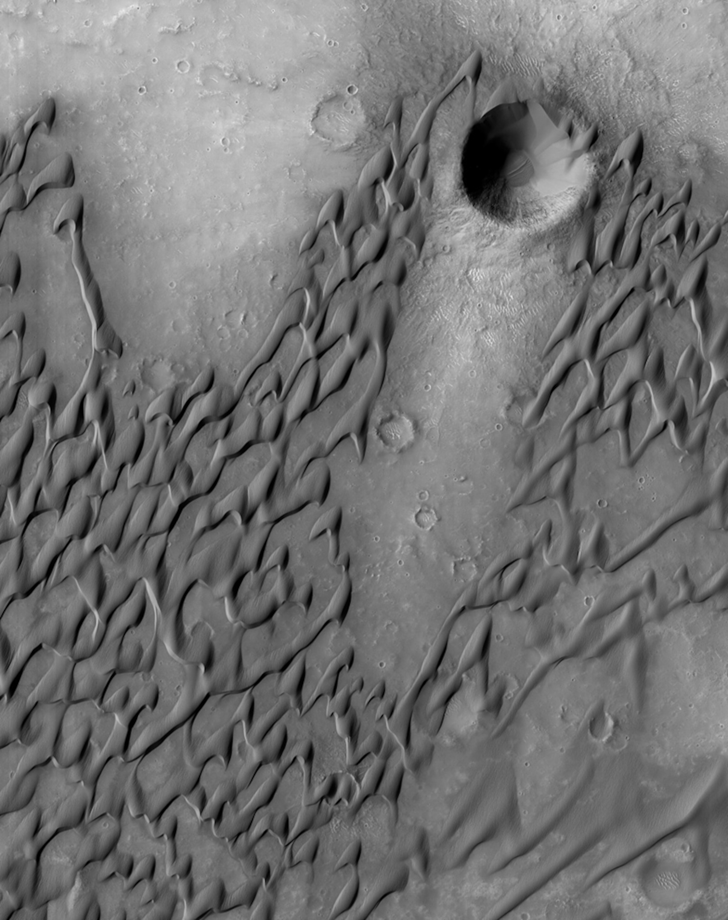 dunes on the surface of Mars—in one area a crater has prevented dunes from forming.