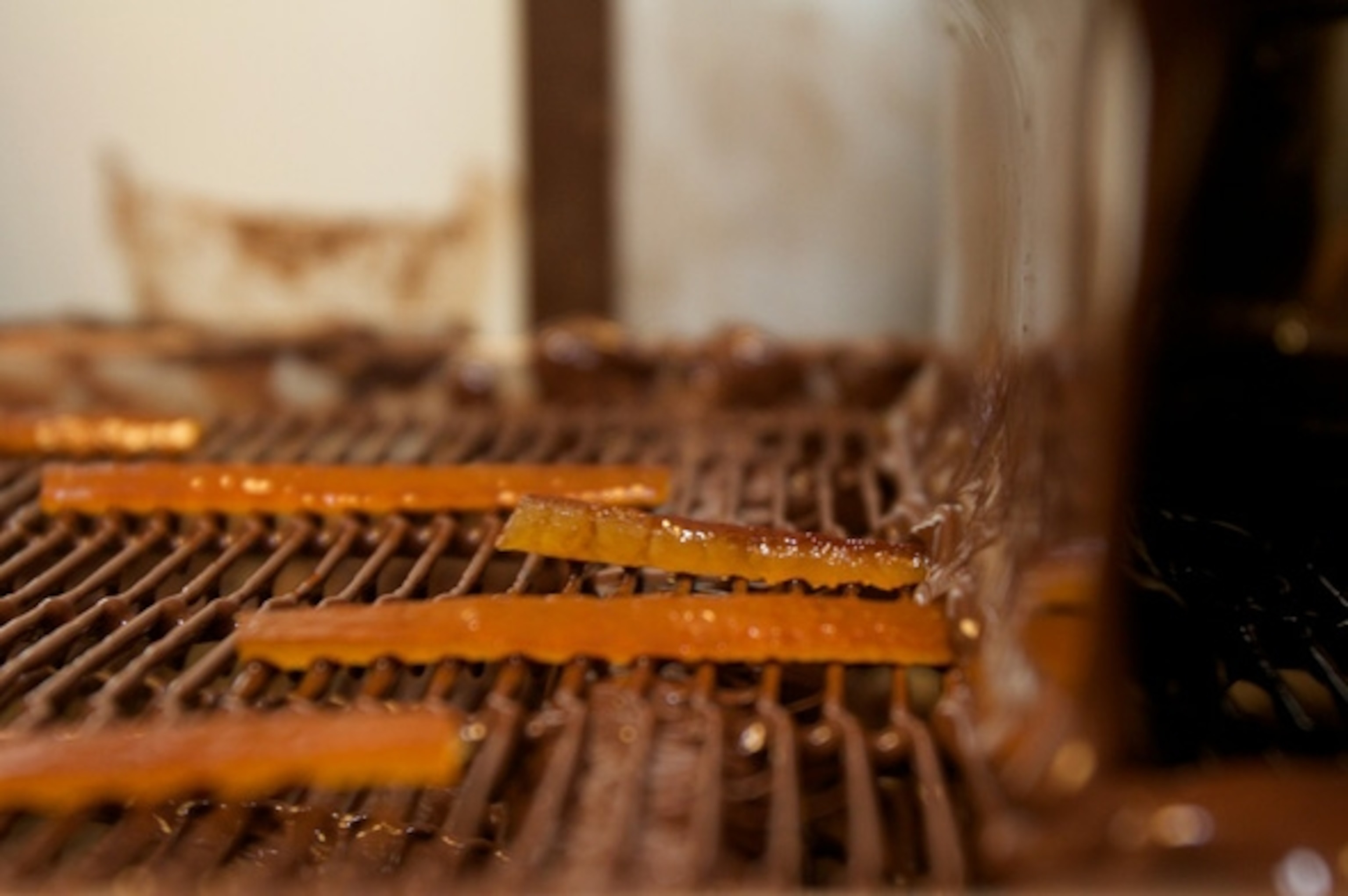 Stripes of candied orange peel are coated in dark chocolate at Laurent Gerbaud. (Photograph courtesy Laurent Gerbaud)