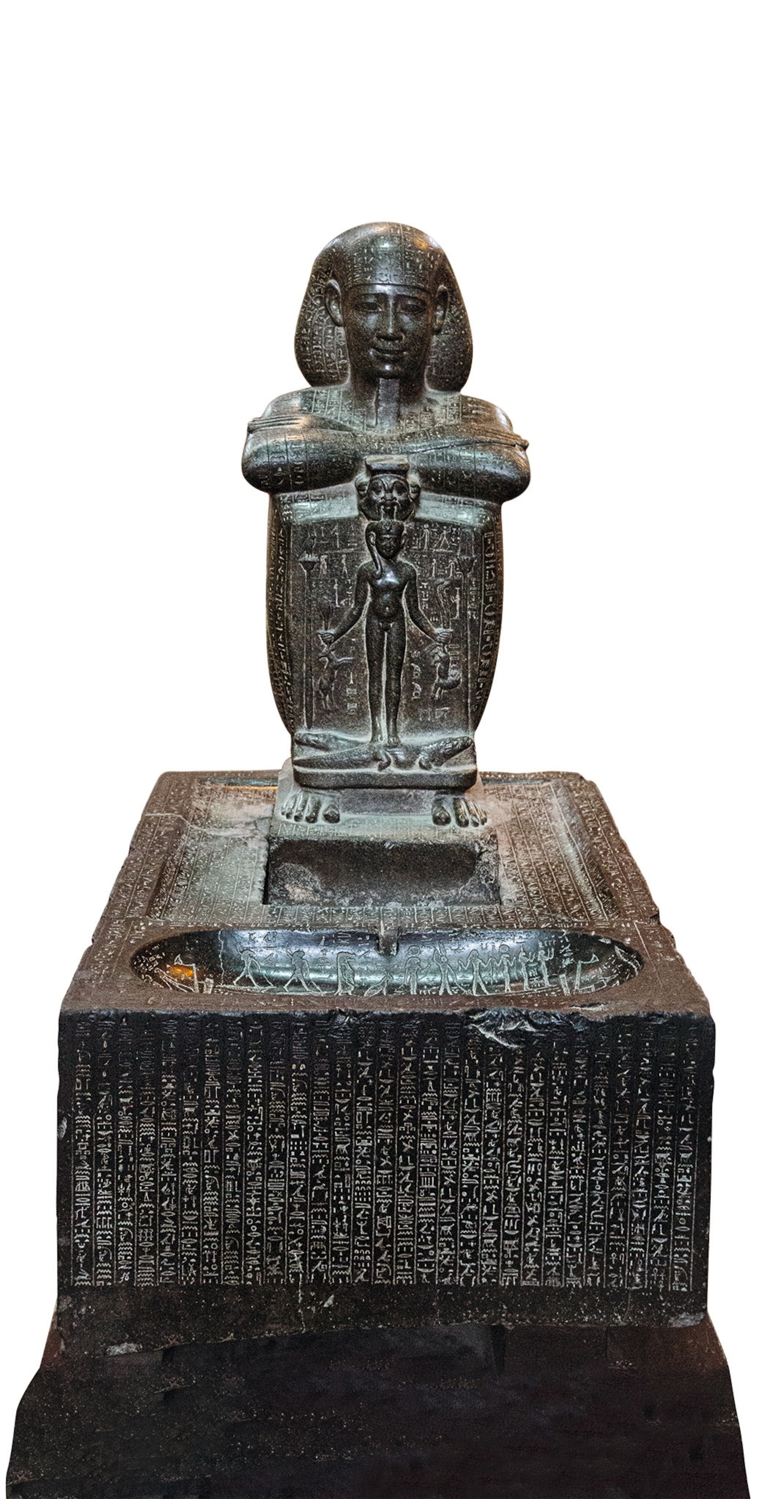 A fourth-century B.C. statue sits on a plinth incorporating two basins joined by a channel to collect water or wine with curative properties.