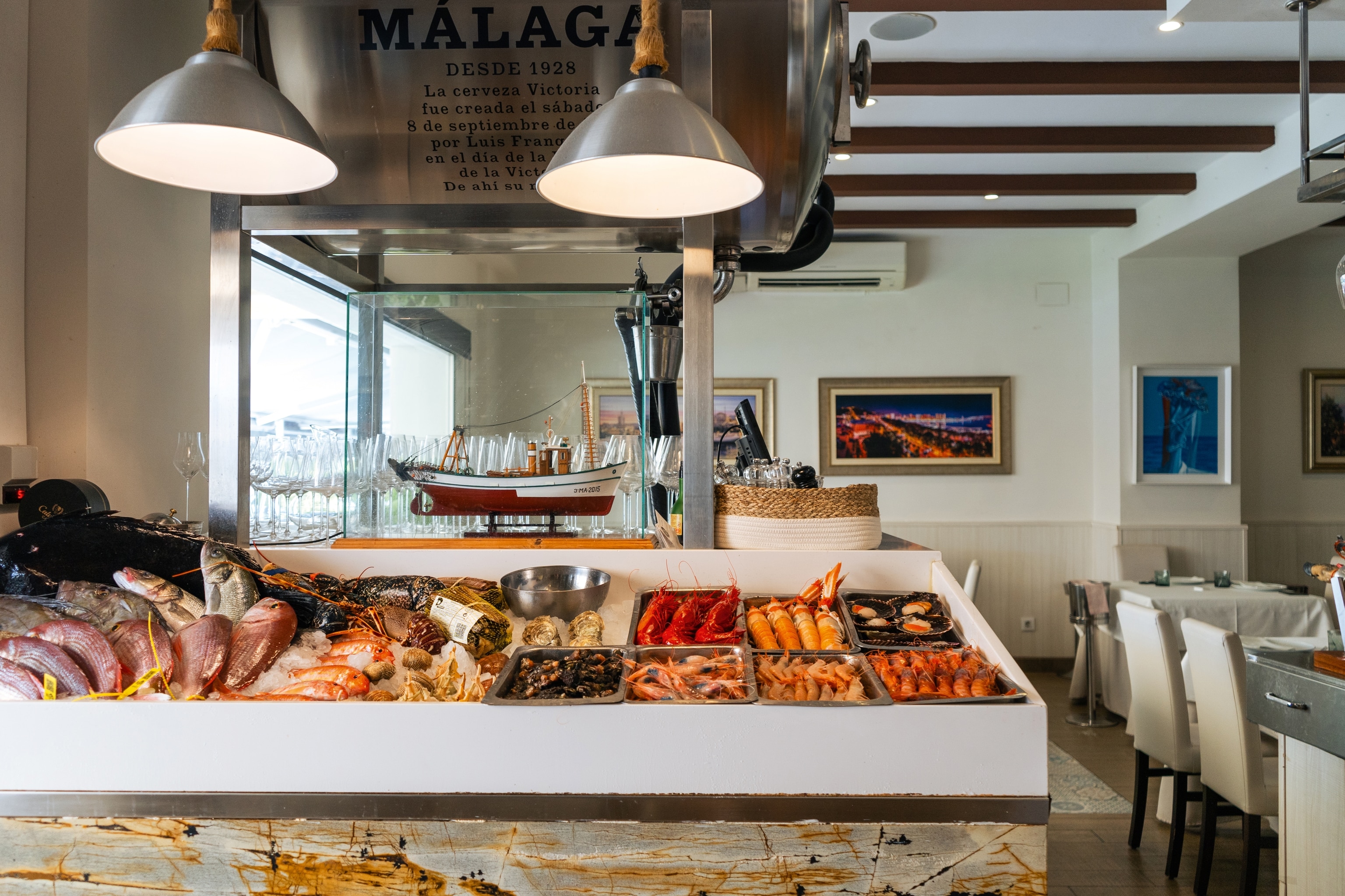 The fish counter at a highly-celebrated seafood restaurant in the city of Málaga, Spain.