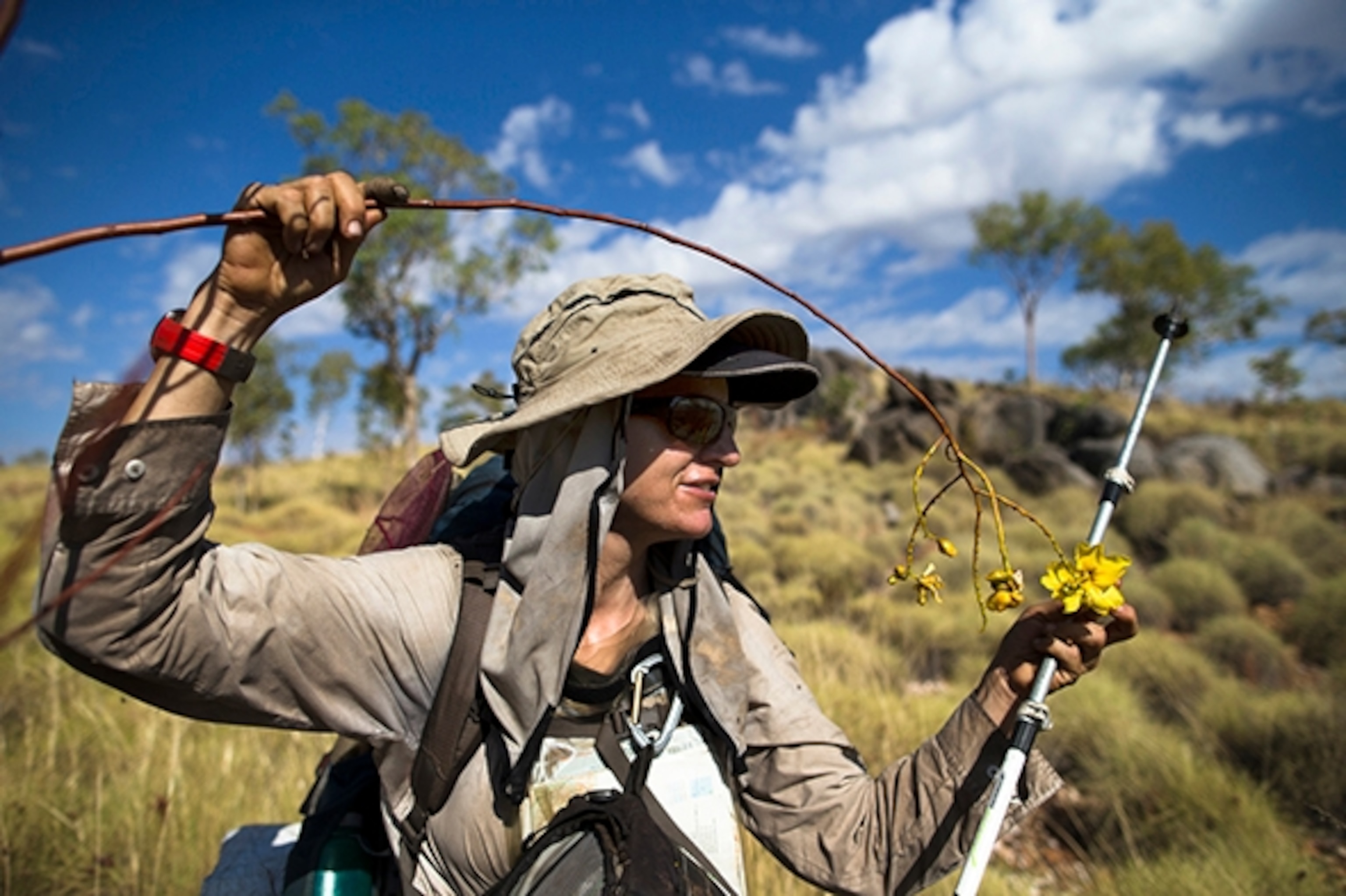 Another facet of Sarah's Australian bush tucker diet—she reaches for (insert name) as she crosses the Osman Range. Due to the harsh drought in the region, Marquis needed to make the most of every opportunity to eat to try and maintain enough energy to complete the expedition; Photograph by Krystle Wright