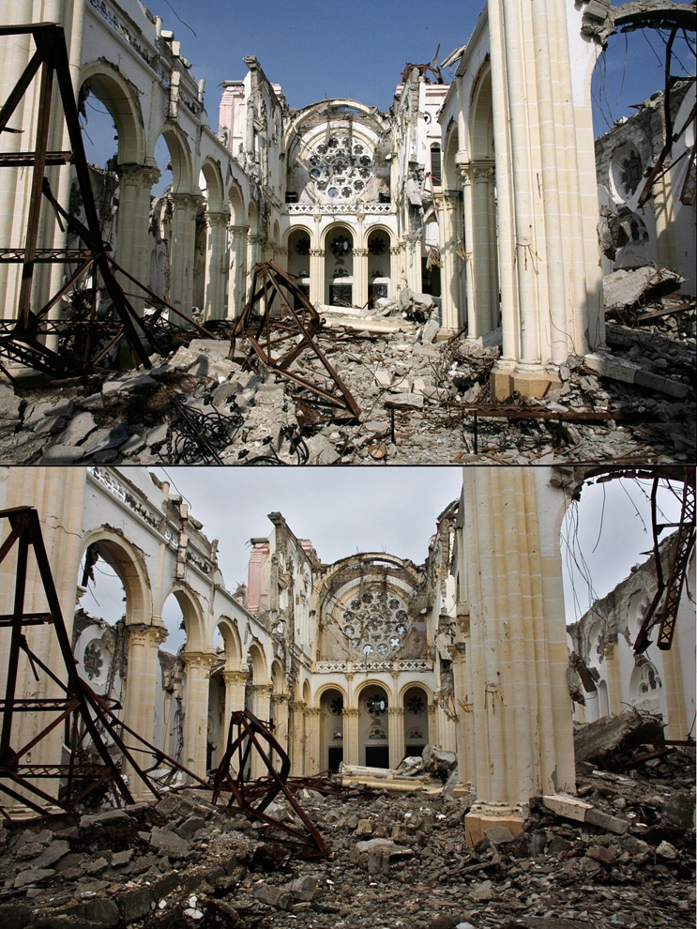 A Haitian cathedral lies in ruins after an earthquake -- picture from a photo gallery on the one-year Haiti-earthquake anniversary