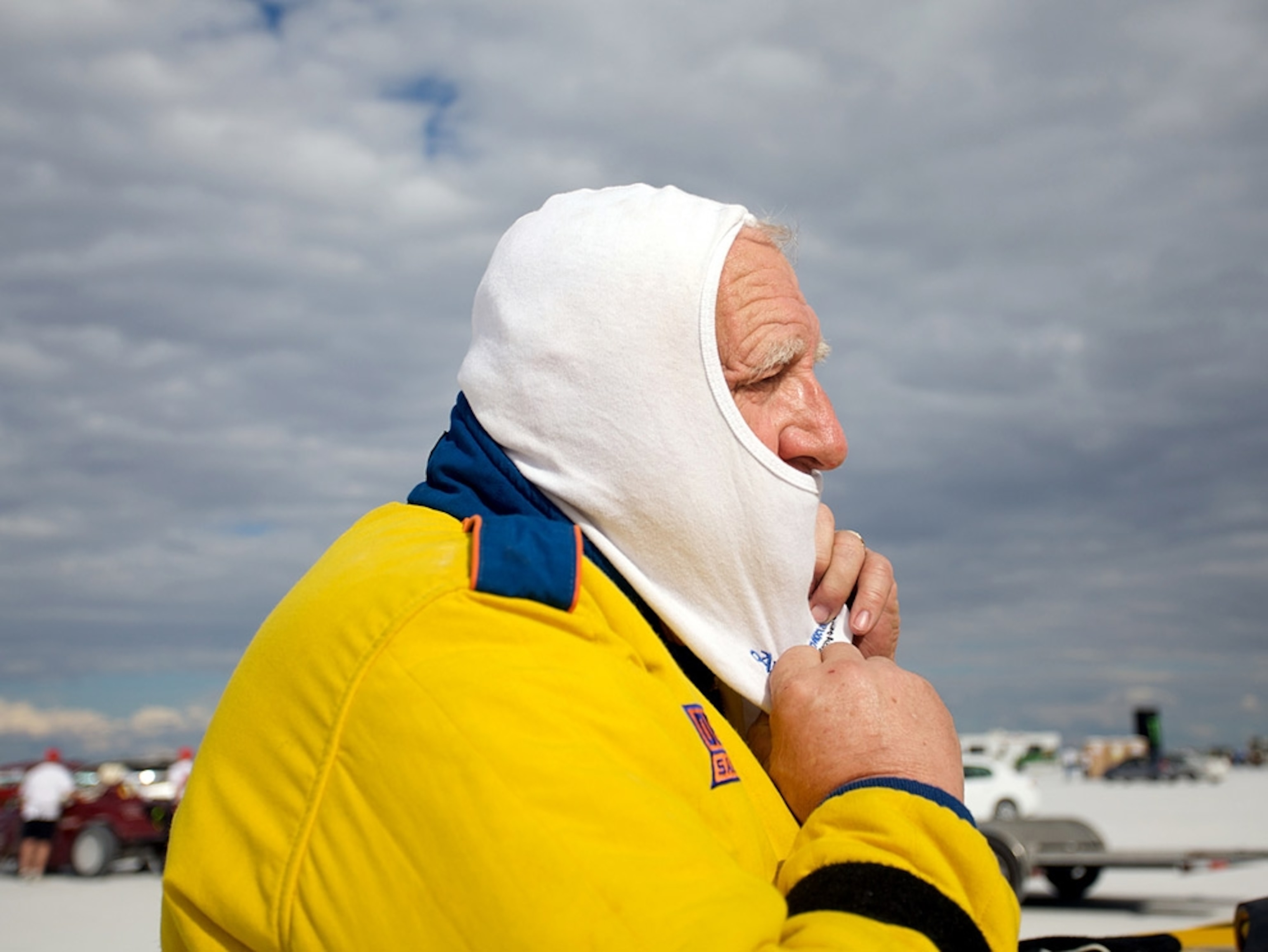Racer putting on his race gear
