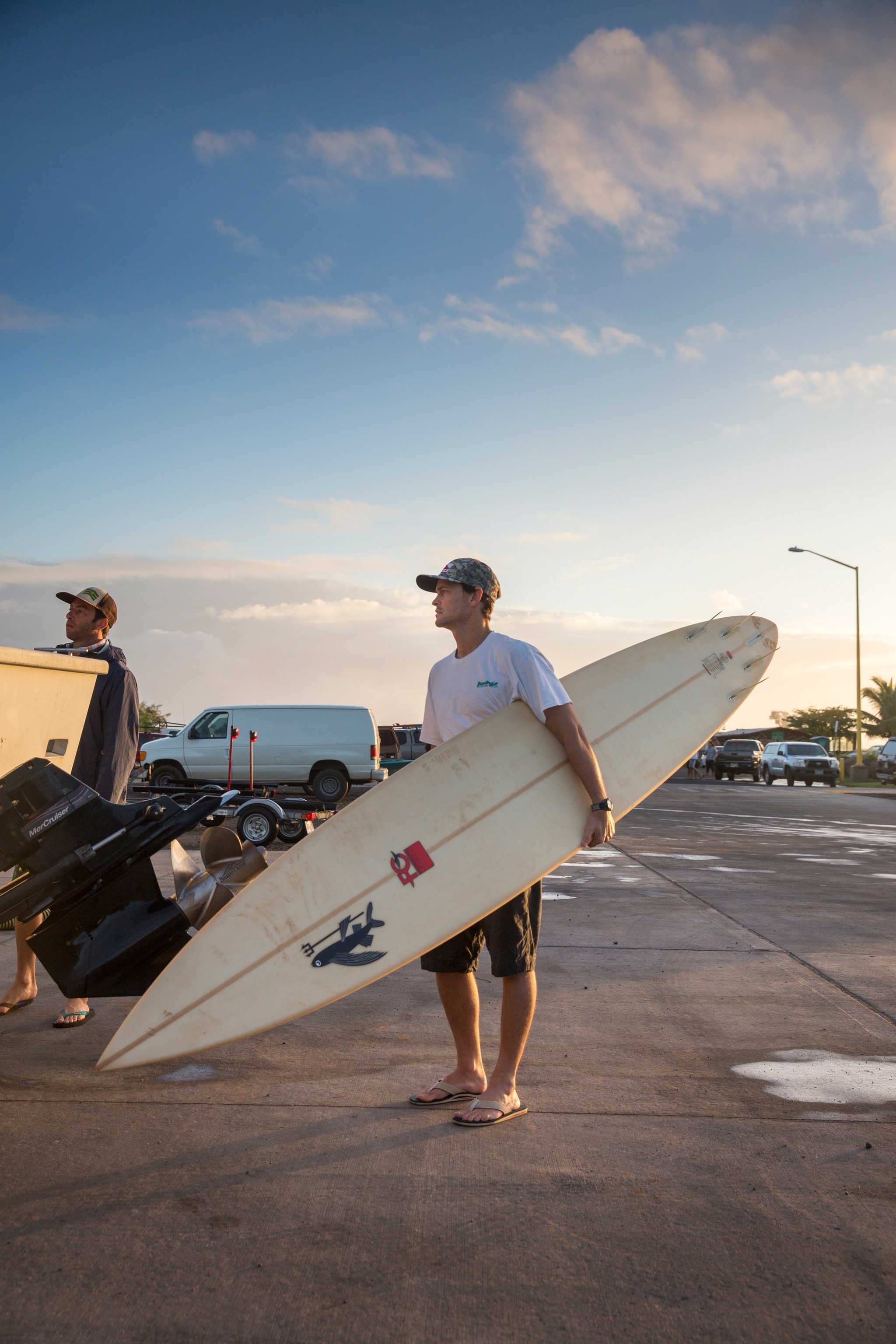 USA, HAWAII, Maui, Jaws, surfers prepping their boards and loading up the boat before heading out to surf Peahi on the Northshore