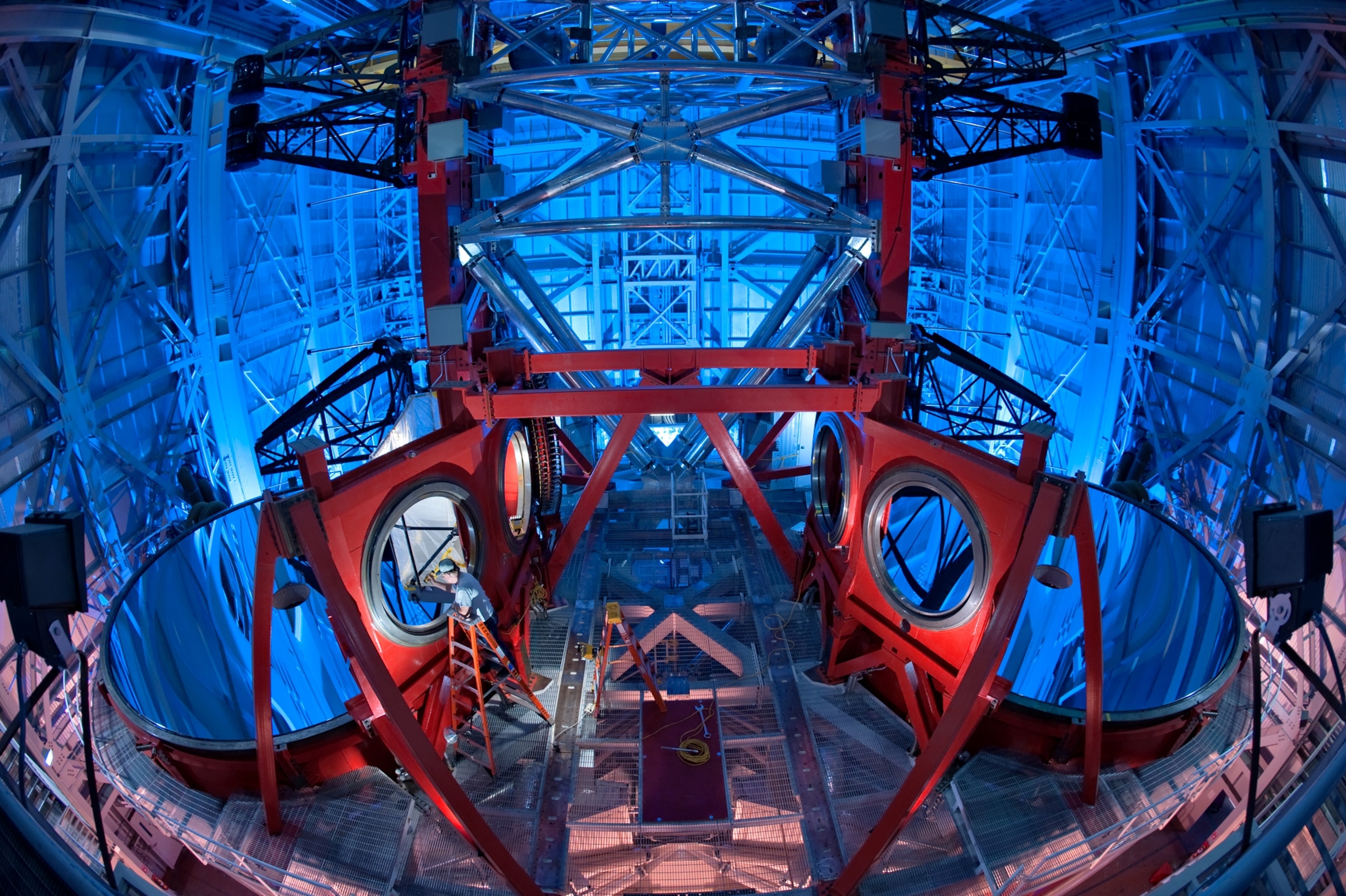 the two 8.4-meter mirrors of the Large Binocular Telescope on Mount Graham