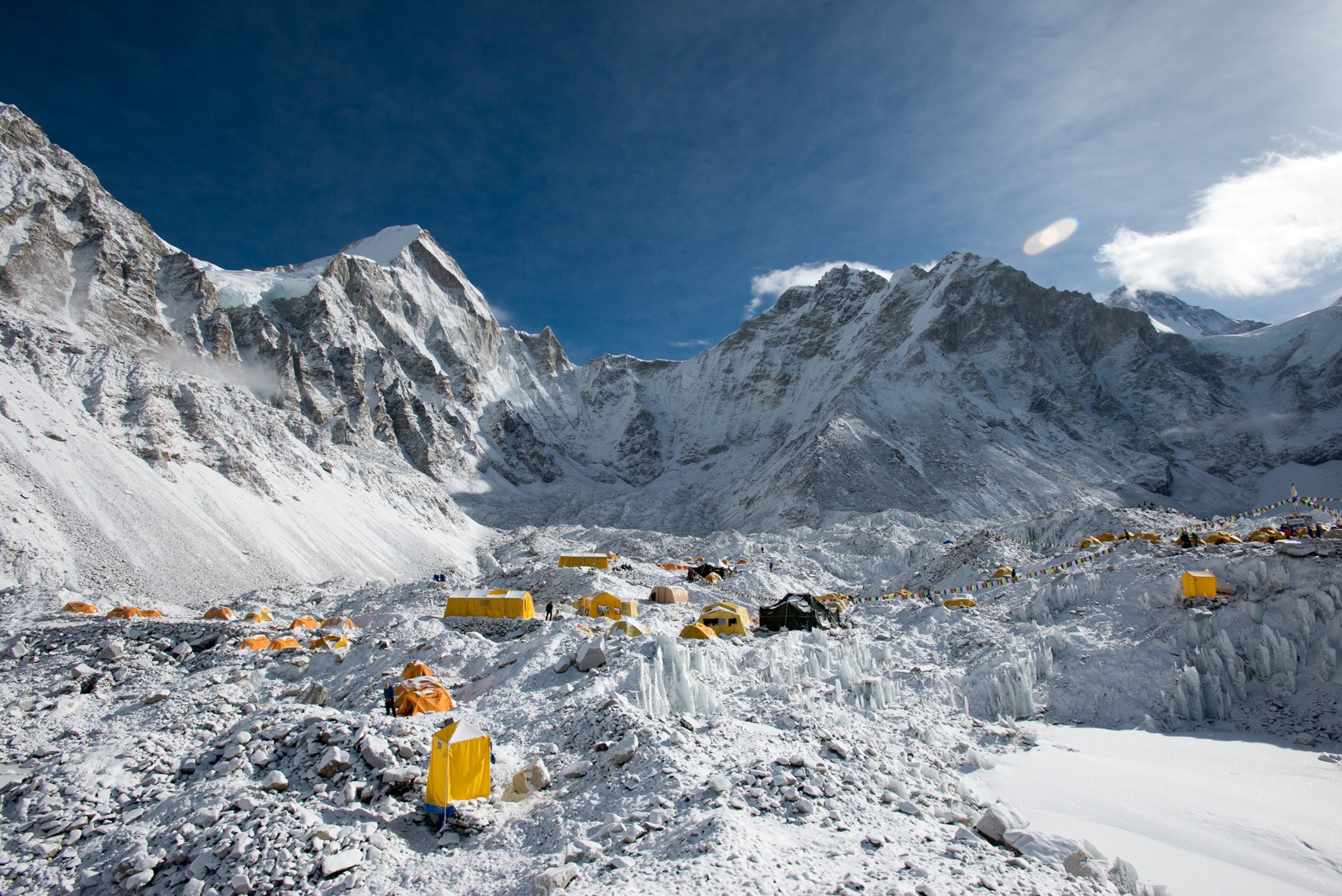 Everest base camp at the end of the Khumbu glacier lies at 5300m
